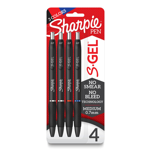 Sharpie S-Gel Gel Pens, Black Barrel, Medium Point (0.7mm), Assorted Ink Colors, 4 Count - Writing, Note-Taking, Journaling, School Supplies