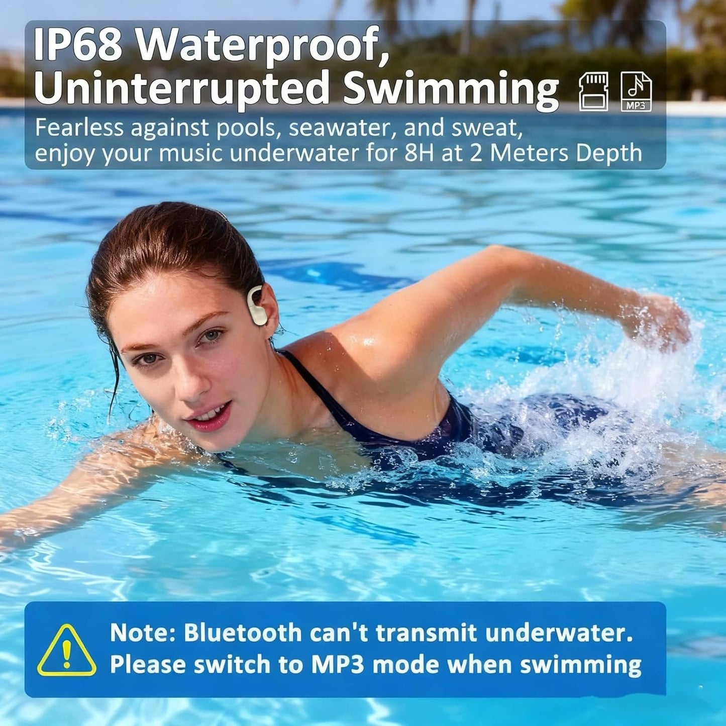 Swimming Headphones, IP68 Waterproof Bone Conduction Headphones, Bluetooth 5.4&MP3 with32GB Memory Card, Skin Open Ear Swim Earbuds with Adjustable