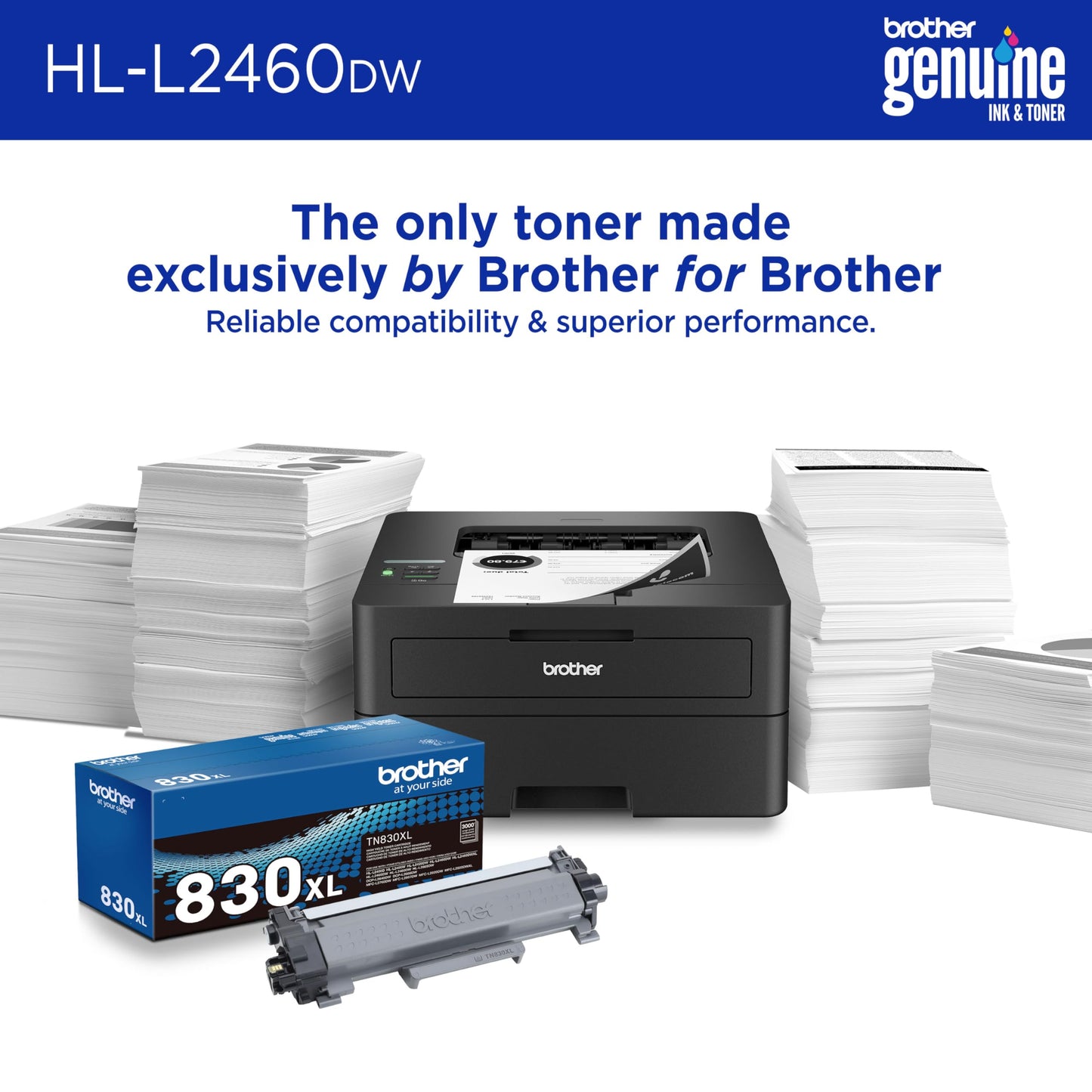 Brother HL-L2460DW Wireless Compact Monochrome Laser Printer with Duplex, Mobile Printing, Black & White Output | Includes Refresh Subscription