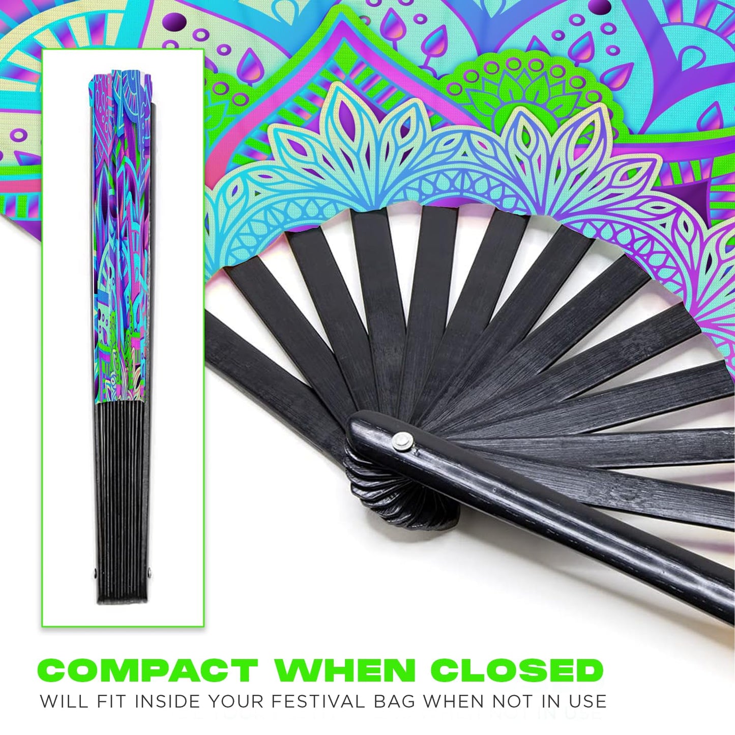 GloFX UV Glow Mandala Rave Handheld Fan - Teal, Pink, Purple & Green Design - Large Folding Fan for Festival Fashion, Essential Rave Accessories