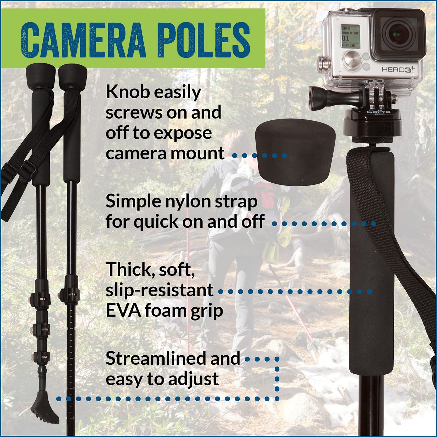 York Nordic PRO Collapsible 4 Piece Trekking/Walking Poles - Pair of monopod Poles w/3 flip Locks, Detachable Rubber feet, and GoPro Camera Mount