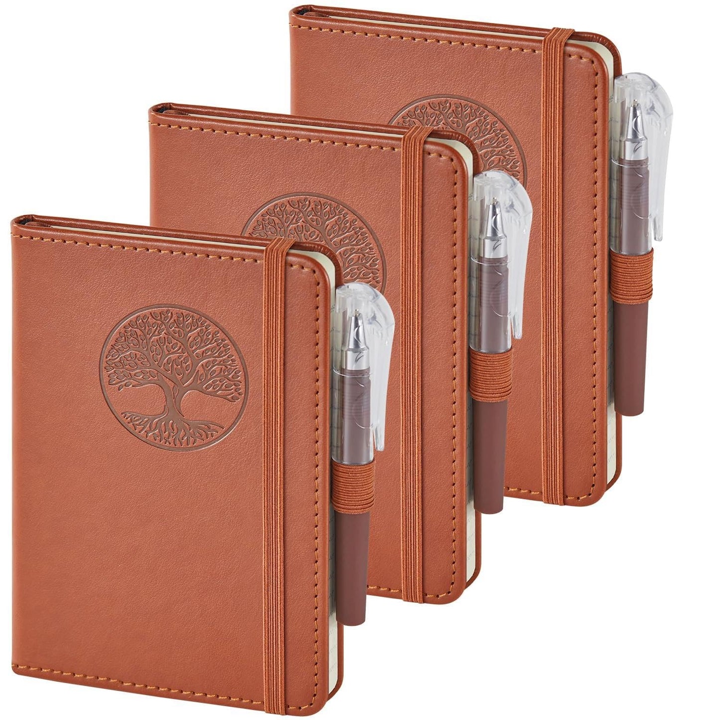 3 Pack Pocket Journal Notebooks, A6 Small Mini Notepad with Pens, 3.7" x 5.7" Leather Hardcover Note Book for Women/Men Work, 400 Pages 100GSM Lined