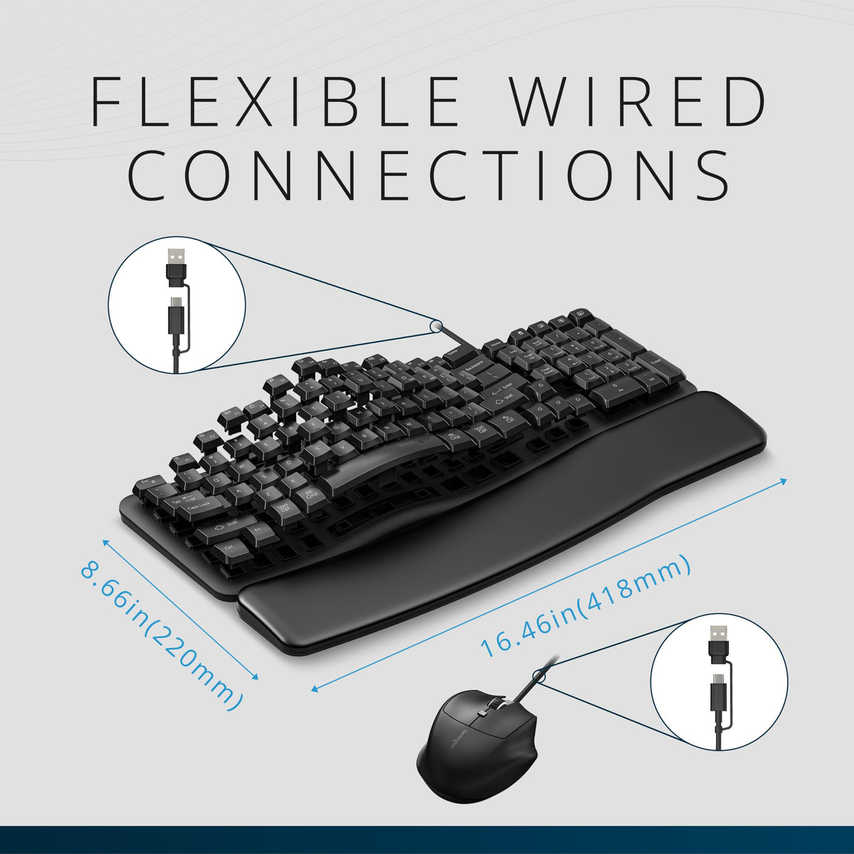 Kensington Pro Fit Ergo KM620-W Wired EQ Keyboard and Mouse, QWERTY Keyboard, Ergonomic Wave Design, USB-C/USB-A Connection, Programmable Keys, 1800