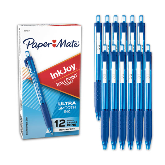 Paper Mate InkJoy 300RT Retractable Ballpoint Pens, Medium Point (1.0mm), Blue Ink, 12 Count - Writing, Journaling, Note-Taking, Office Supplies