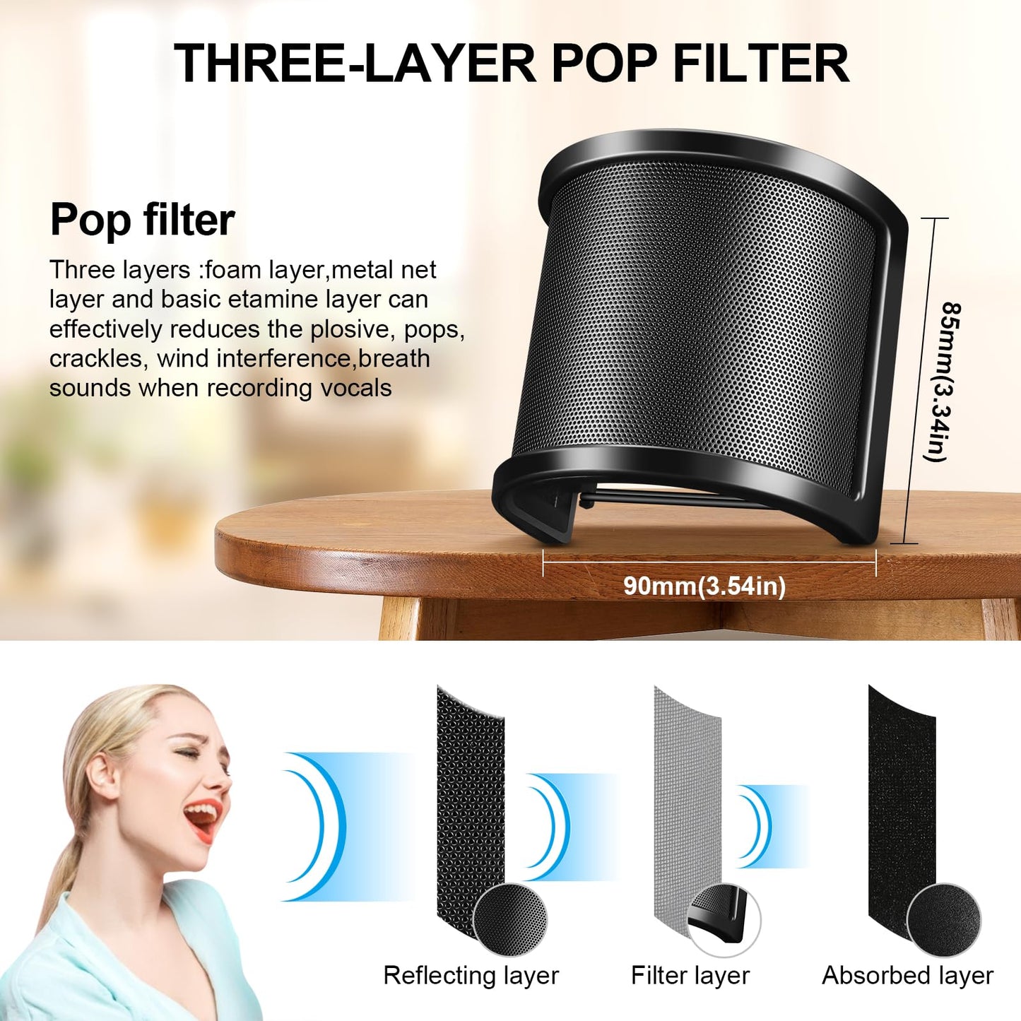 Aokeo Pop Filter, [Upgraded Three Layers] Metal Mesh & Foam & Etamine Layer Microphone Windscreen Cover Handheld Mic Shield Mask,Microphone