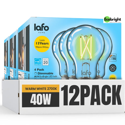 LafoHome EcoBright 12PK Dimmable A19 LED Filament Bulb 40W Equivalent 5W E26 Base 450 Lumens CRI90 Flicker Free Clear Glass Energy Star Title 20 Warm