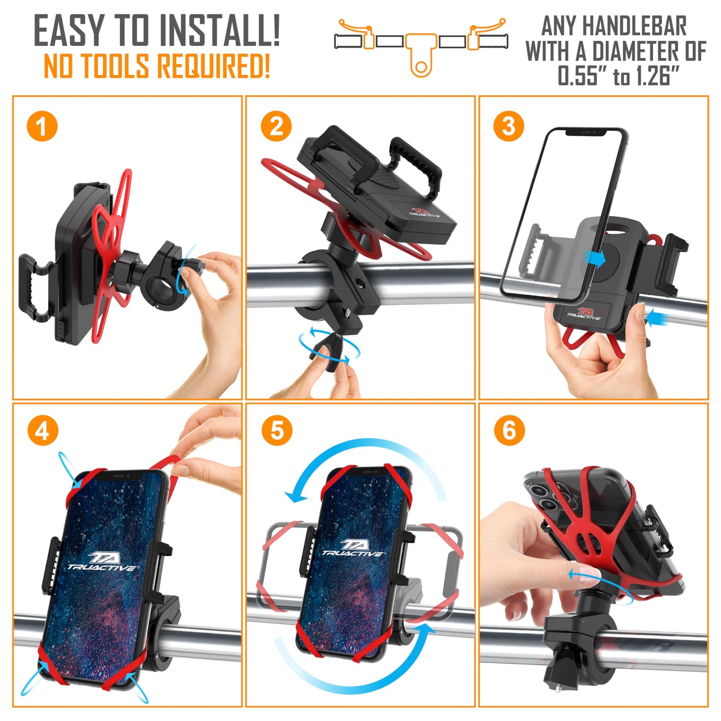TruActive Premium Bike Phone Mount Holder | Universal Cell Phone Mount for 4"-7" Phones | Includes 6 Reusable Color Bands | Tool Free Handlebar Mount