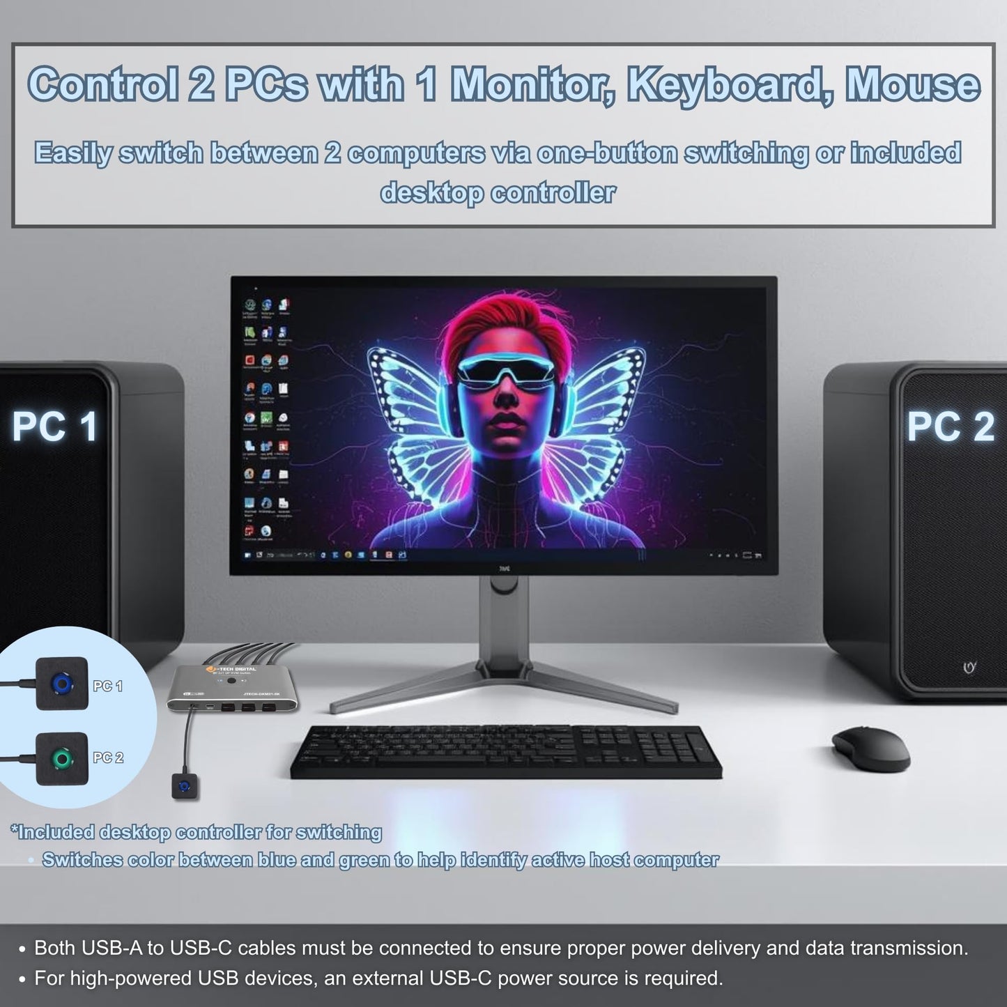J-Tech Digital 8K DisplayPort 1.4 KVM Switch 2 Computers 1 Monitor, 8K@60Hz / 4K@240Hz Dual PC DP KVM Switcher with 4 USB 3.0 Ports (3 USB-A + 1