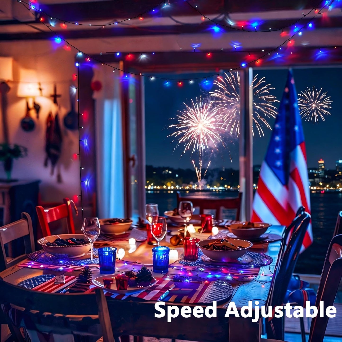 Joomer Red Blue White String Lights Outdoor, 66FT 200LED RGB Lights with Remote Timer Memory, Waterproof Indoor Outdoor 4th of July Independence Day