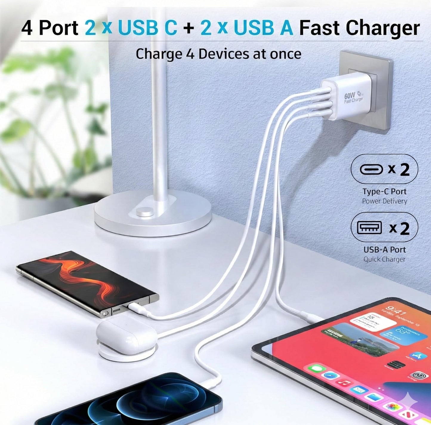 TT&C 60W USB-C Charger Block (2-Pack), 4-Port Fast Charging Hub (2 USB-C, 2 USB-A), PD 3.0 Wall Plug Compatible with iPhone 17/16/15, iPad & Samsung