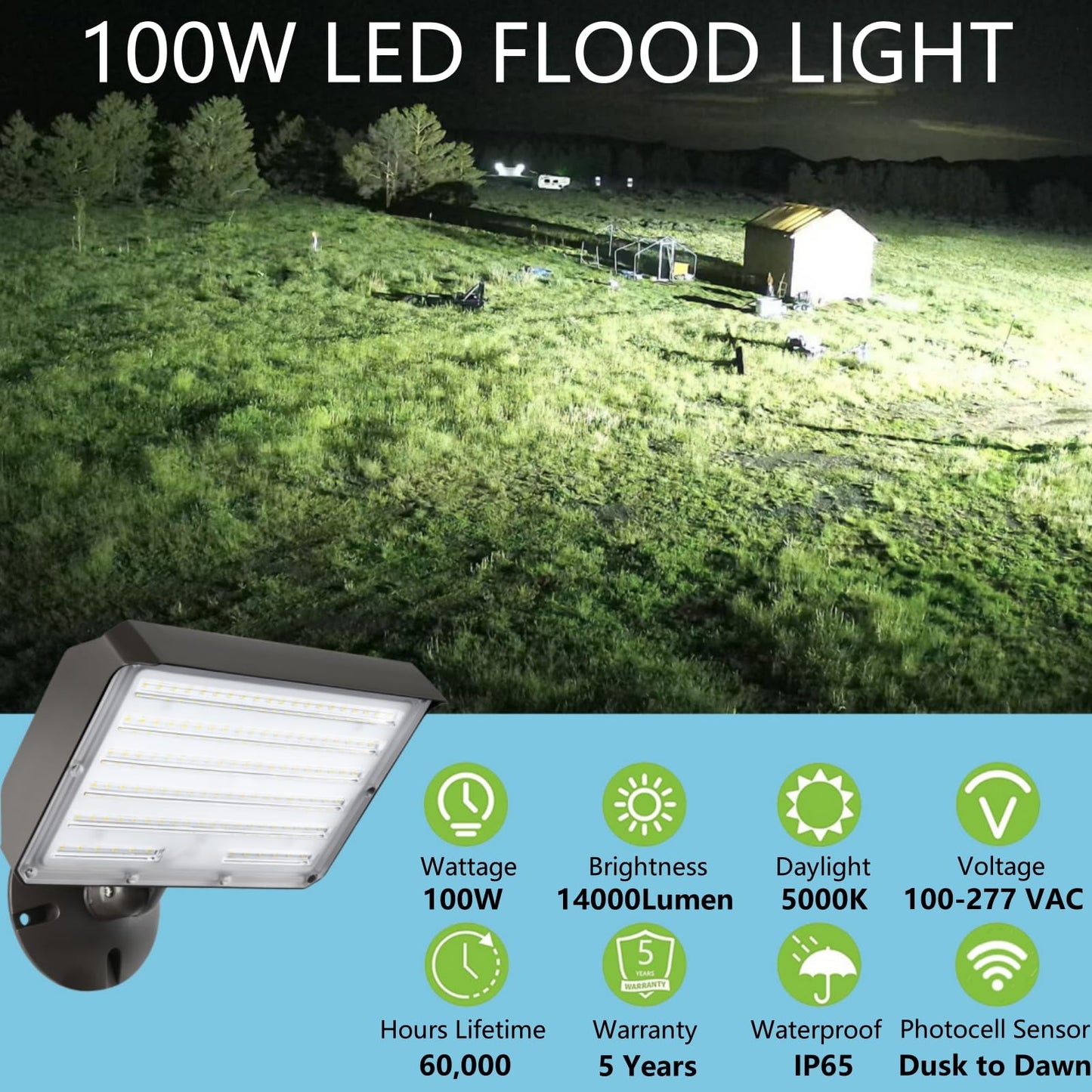 Dusk to Dawn Outdoor 100W LED Flood Light with Knuckle (Plate Included), 14000LM 1000W Equiv., 100-277V 5000K,ETL Commercial LED Floodlight Fixture