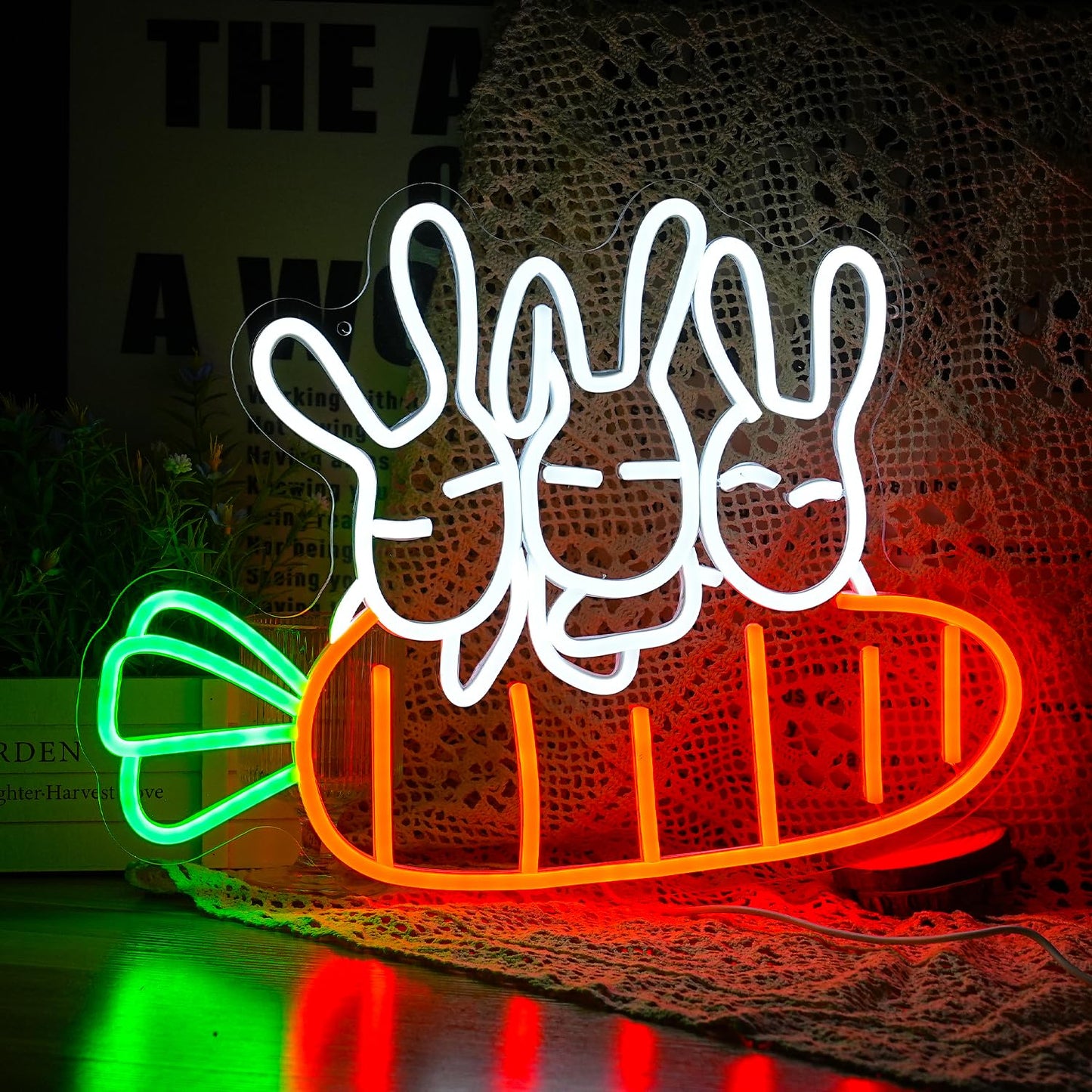 Rabbit Carrots Neon Sign Led Easter Neon Light For Wall Decor Light Up Carrots Sign USB Powered Rabbit Neon Light Signs For Art Restaurant Easter