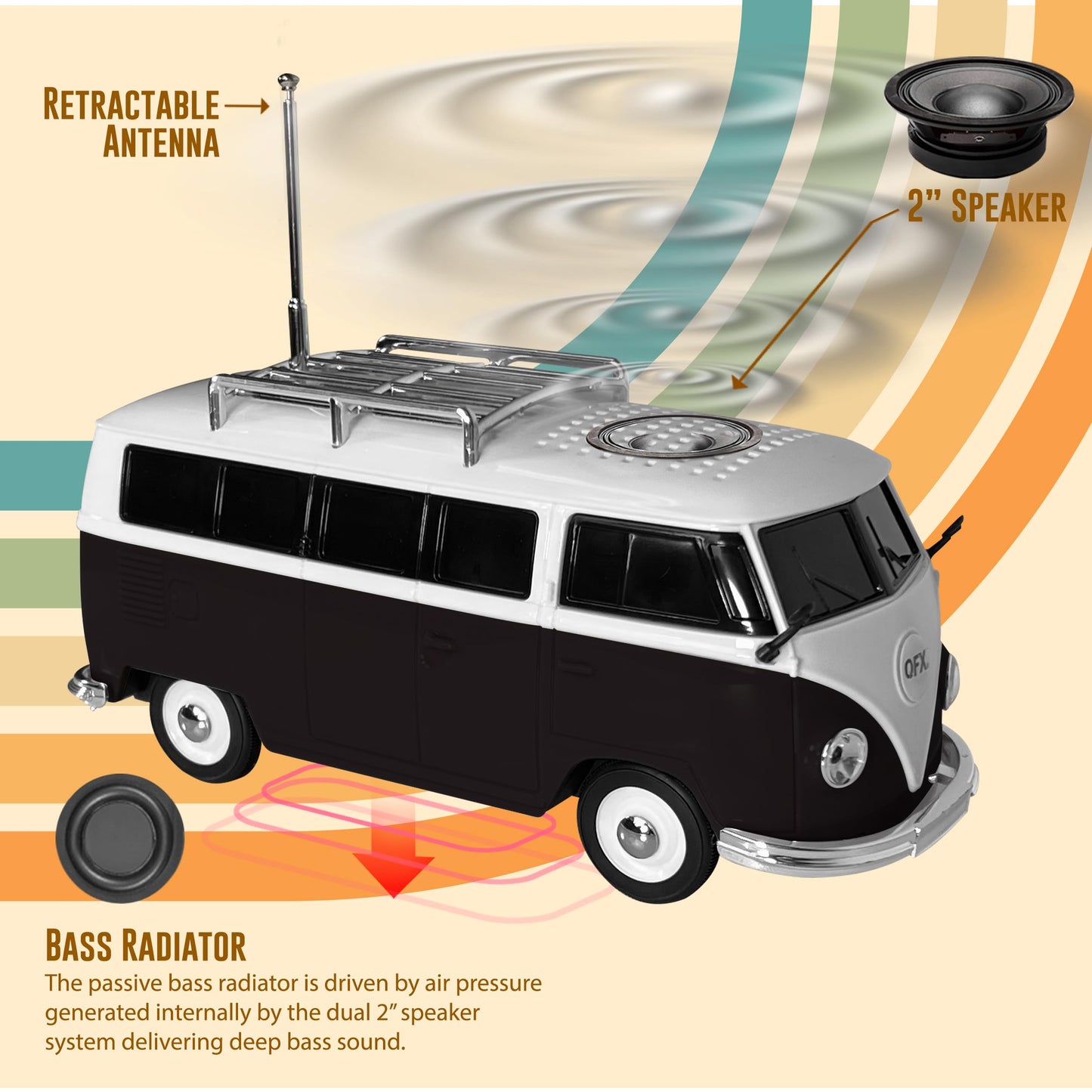 QFX Bluetooth 1961 Retro Mini Bus Speaker, 2-Inch Speaker, Hands-Free Link, Built-in Microphone, FM Radio, and LED Party Lights, Blue - BT-1961-BLK