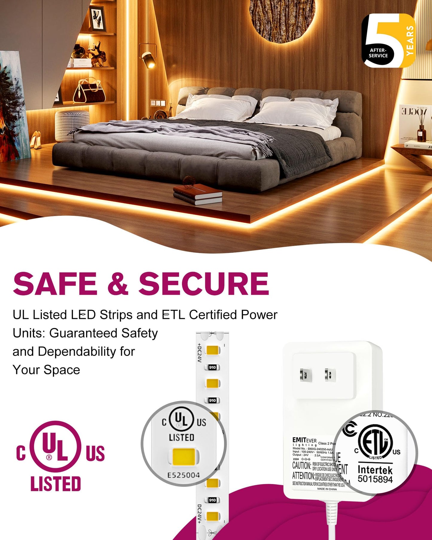 EMITEVER LED Strip Lights Kit Warm White with Remote & 24V Power Supply,16.4ft Dimmable Tape Light 2700K, High Density 600LEDs, 240+LM/FT, CRI95+