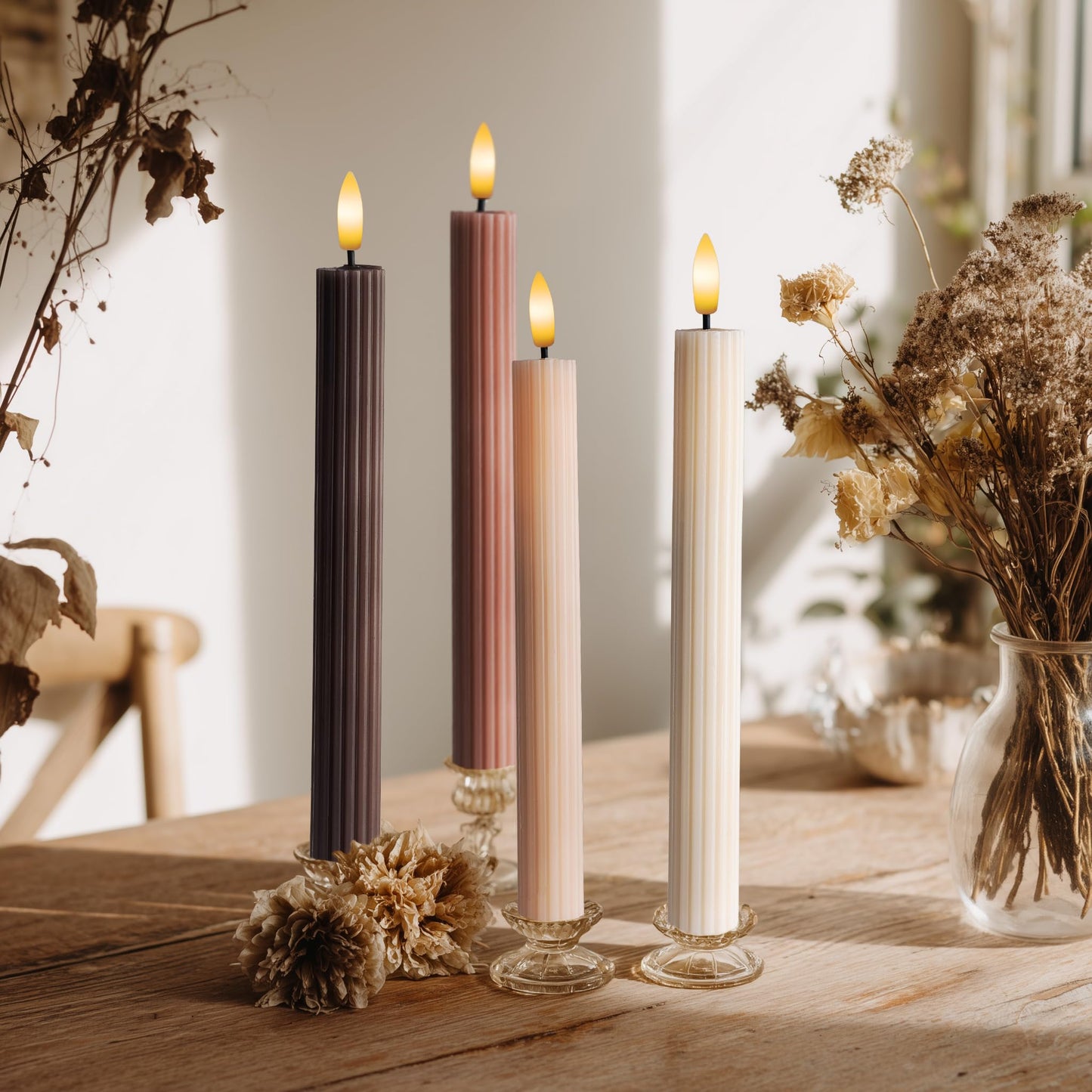 WYZworks Coordinated Chocolatey Mocha Brown 4 Pack, 10" Real Wax LED Flameless Fluted Ribbed Grooved Taper Candles, Remote & Timer Memory, On/Off