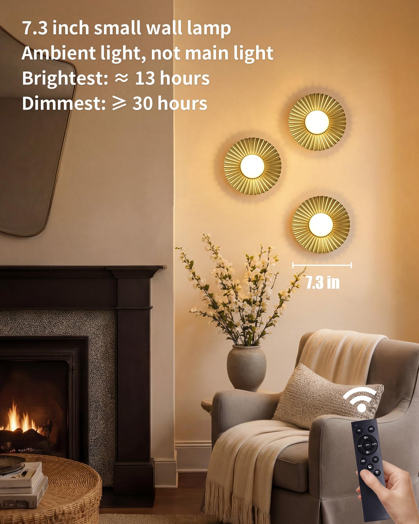 PUSU Cordless Gold Wall Sconces Set of 2, Battery Operated 5200mAh Rechargeable LED Round Pleated Dimmable Small Wall Light Lamps, Lighting