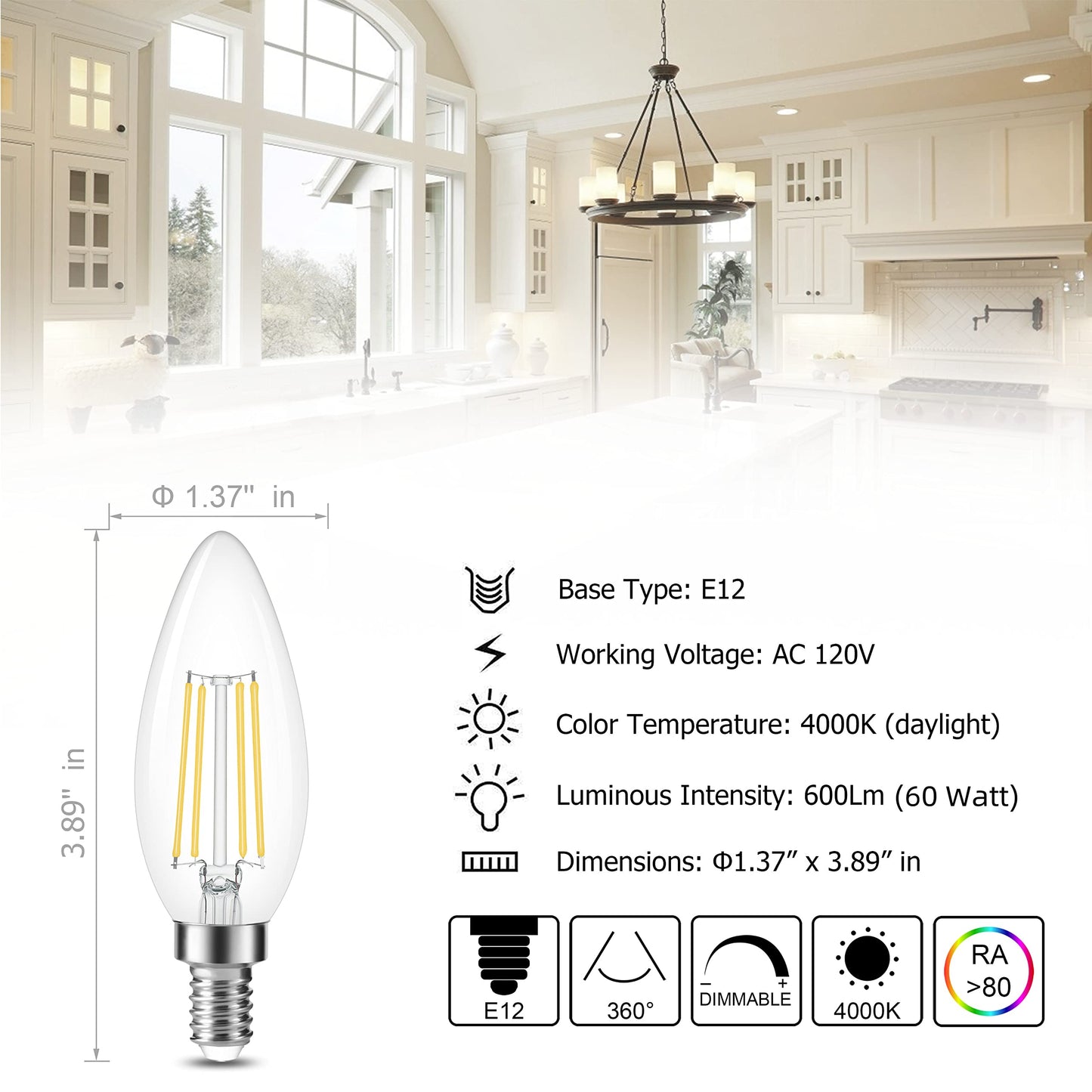 Cotanic Dimmable E12 Candelabra LED Bulb 4000K Daylight 60W Equivalent