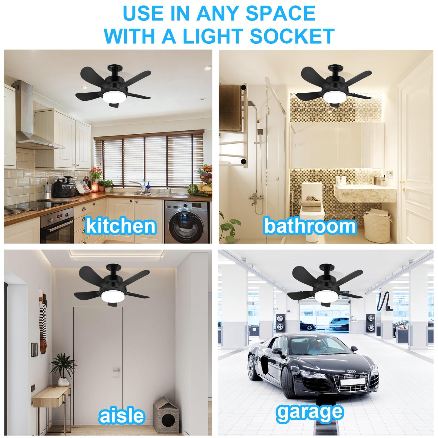Socket Fan Light With Remote, Screw Ceiling Fans with Lights, 5 Reversible Blades, Quiet 6-Speed DC Motor, Dimmable Socket Fan for Garage Bathroom