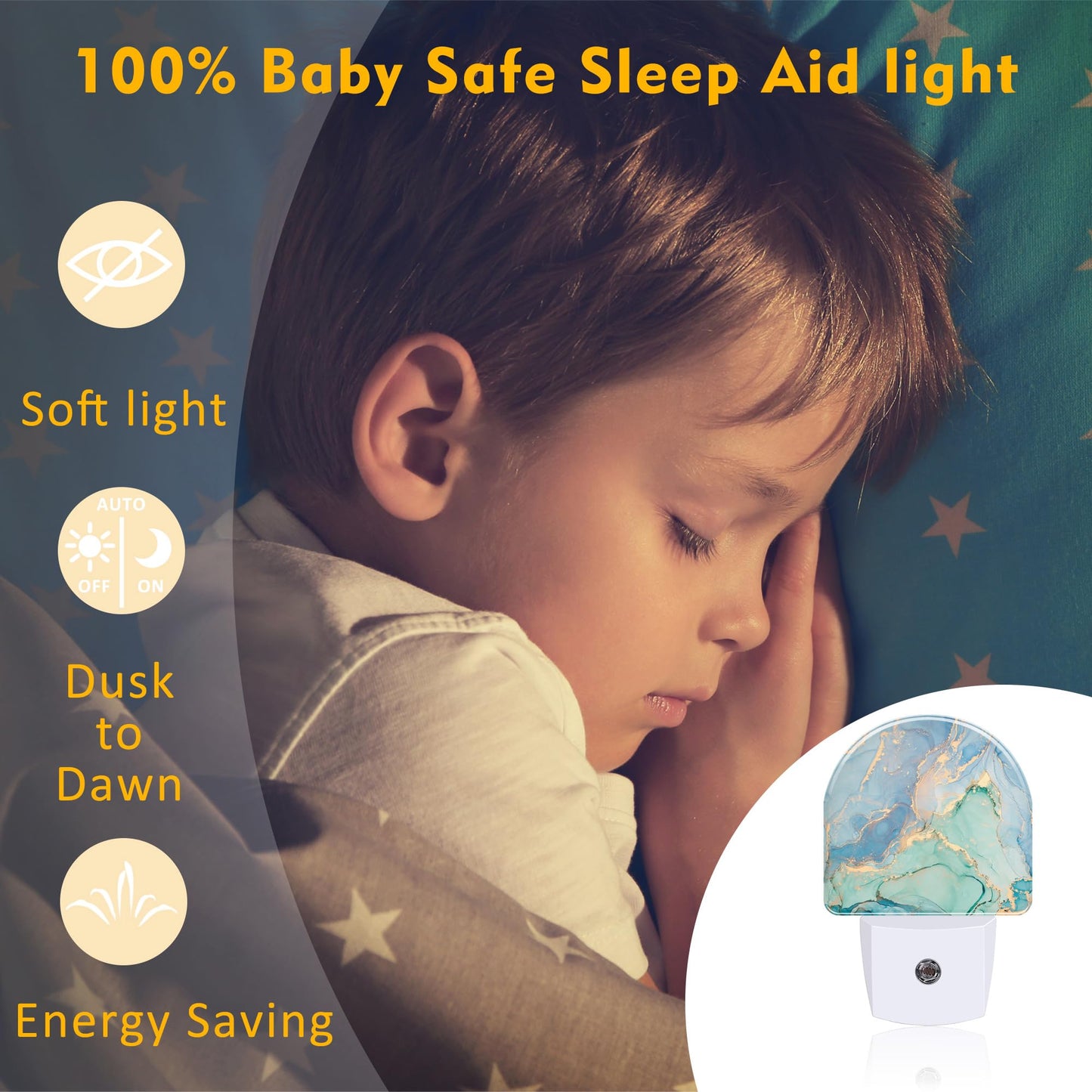 sndheke Teal Blue Marble Night Light Plug into Wall, Gold Luxury Marble Dusk to Dawn Night Light,0.5w Energy Saving Sleep Friendly Nightlights