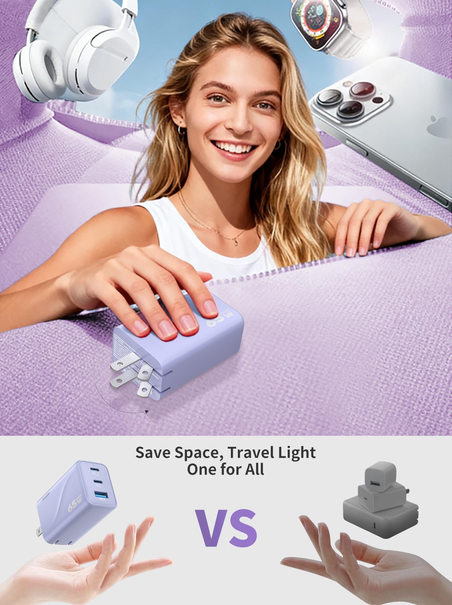 65W GaN USB C Wall Charger Block Purple 3-Port iPhone 17 16 15 Type C Charger Fast Charging Power Adapter Brick Cube for MacBook, ipad, Laptops