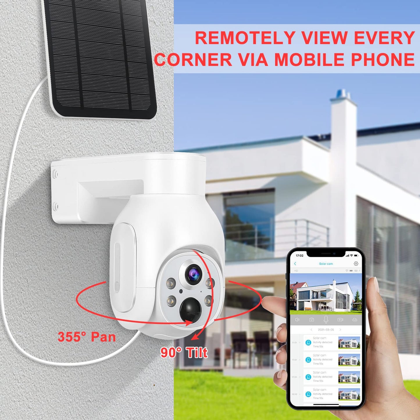 100% Wire-Free Wireless Rechargeable Battery Solar Powered Outdoor 1080P Home PTZ 2.4G WiFi Security Camera PIR Motion Recording Two-Way Audio IP65