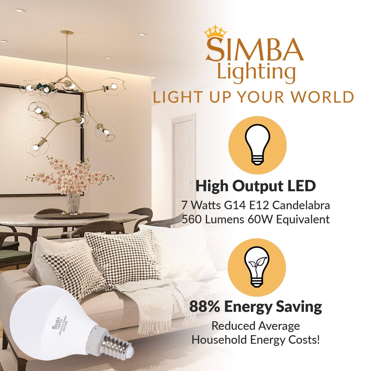 Simba Lighting LED G14 7W Small Globe, Candelabra E12 Base, 2700K, 6 Pack