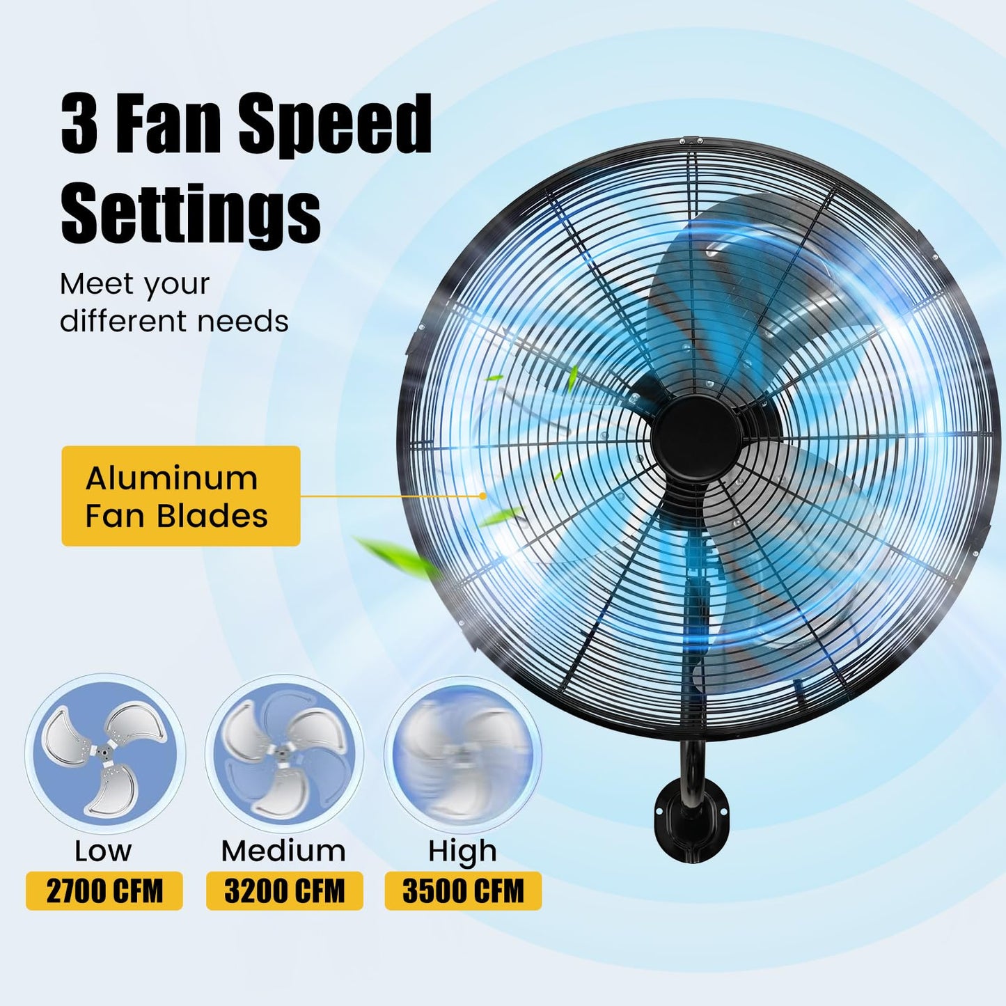 CLEEMAN 20 Inch Wall Mount Fan, 85 Oscillation, 3-Speed, Aluminum Blades, 30 Tilt, 6 FT Cord, ETL Certified, Quiet Metal Fan for Shop, Garage, Gym