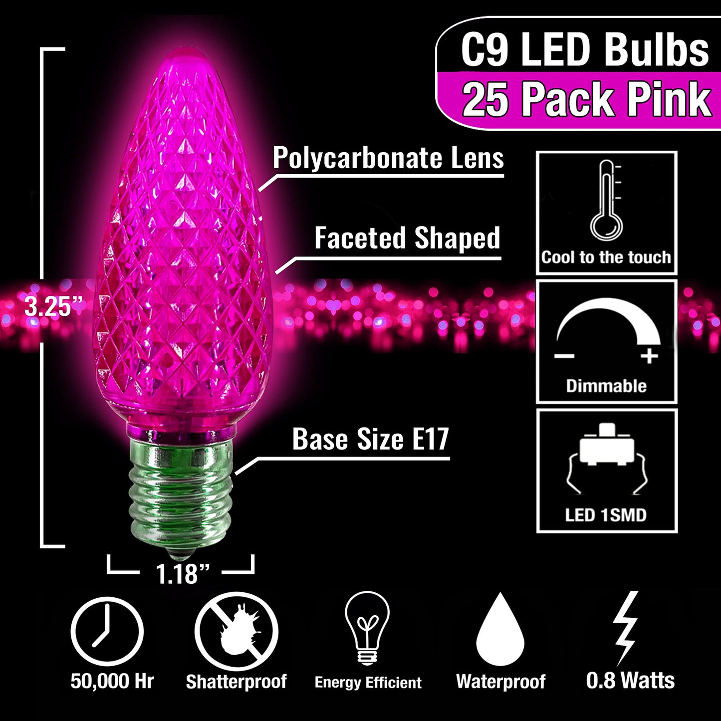 MIK Solutions C9 LED Bulb (Pack of 25) LED Pink Replacement Christmas Light Bulbs Faceted Retrofit Candle Shape Commercial Grade E17 Socket Roof