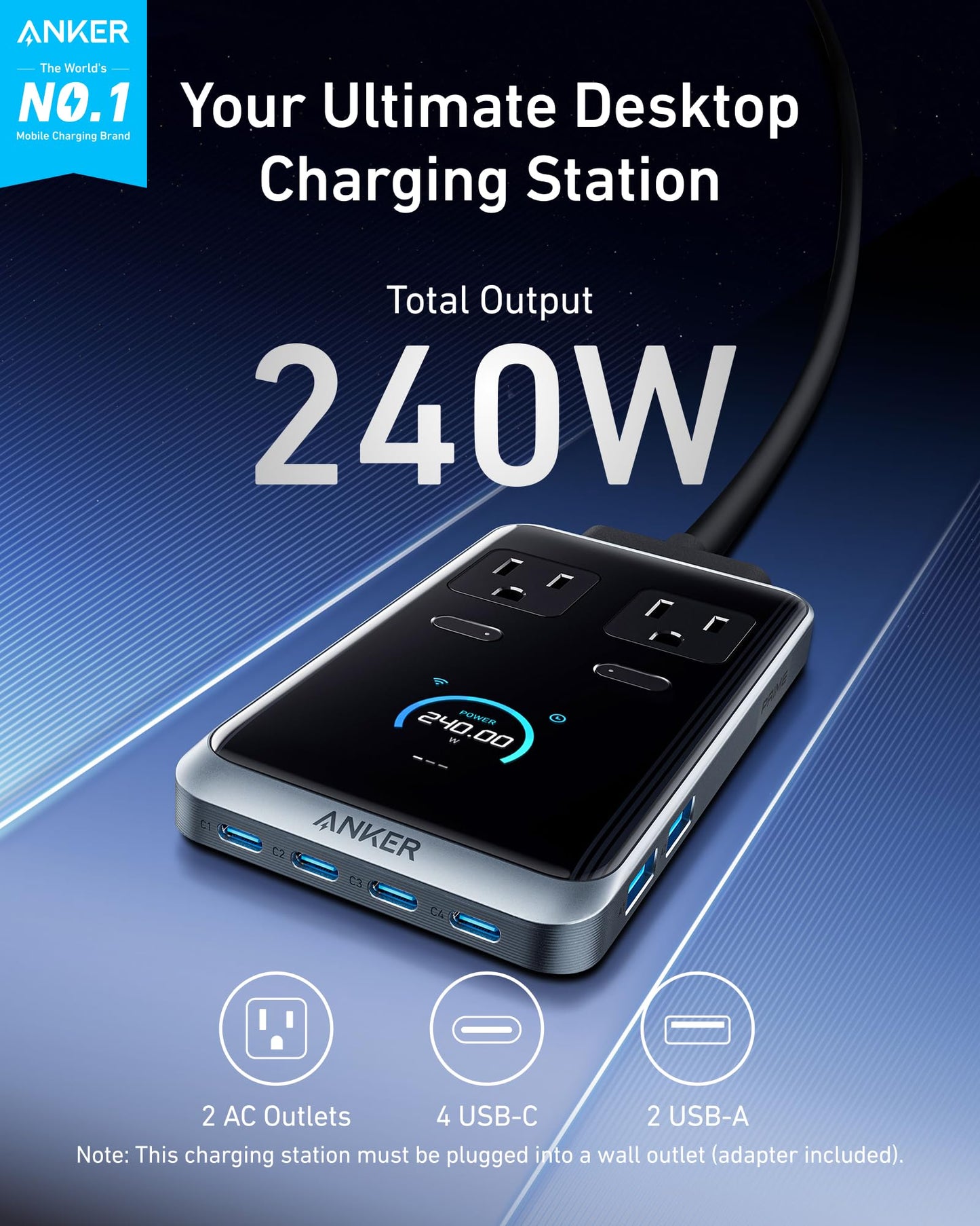 Anker Prime Charging Station, 240W 8-in-1 USB C Power Strip, 5 ft Detachable Extension Cord, 2 AC, 4 USB C, 2 USB A, for iPhone 15/14, Desktop