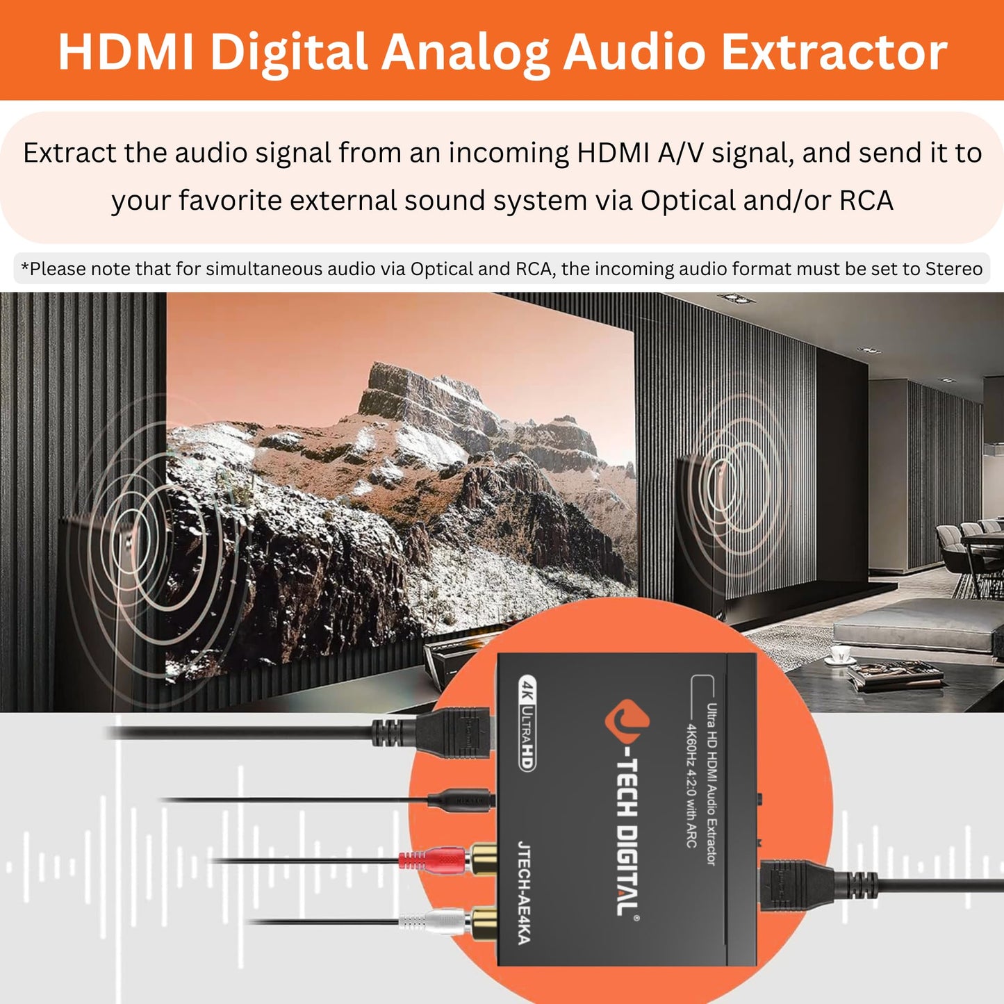 J-Tech Digital 4K@60Hz HDMI Audio Extractor with ARC, HDMI to RCA & Optical Converter, Dolby Digital/DTS Stereo Support for TV, Gaming Consoles