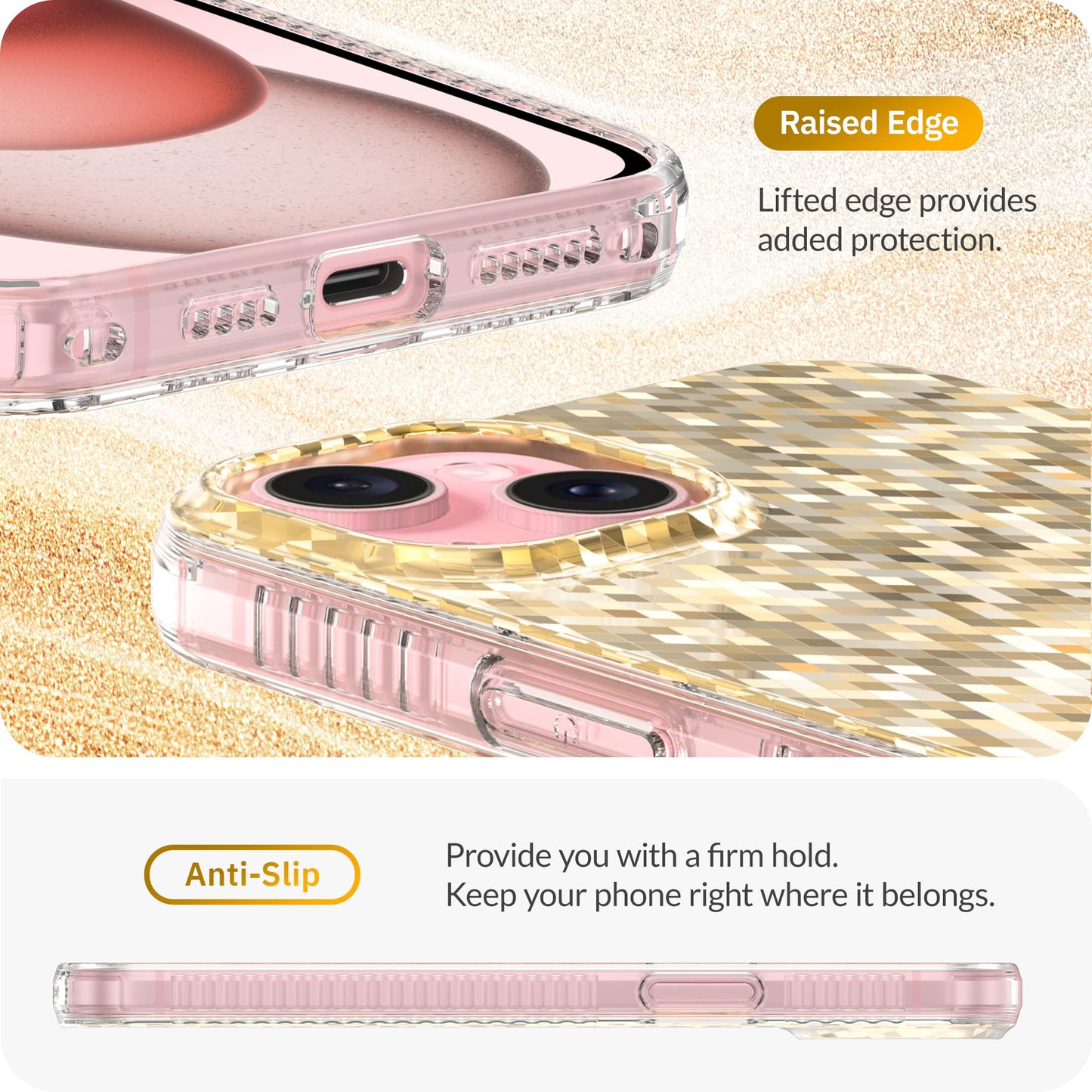 LONLI Hue - for iPhone 15 Case - Pink with Glitter Stars [10FT Drop Protection] - Shockproof Cover with Color Changing Effect | Cute and Unique