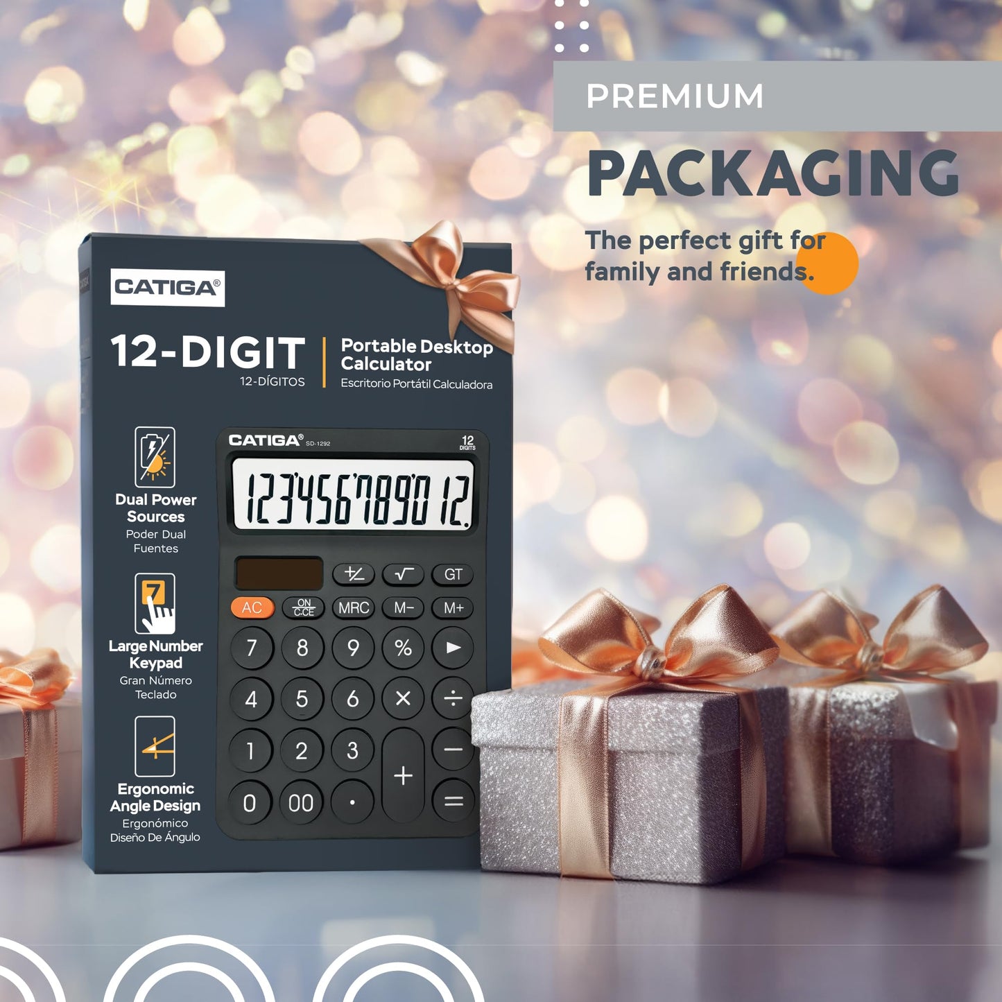 CATIGA 12 Digit Desktop Calculator with Large LCD Display, 4 Funtions Calculator, Round Design Big Button, Solar and Battery Dual Power, Standard