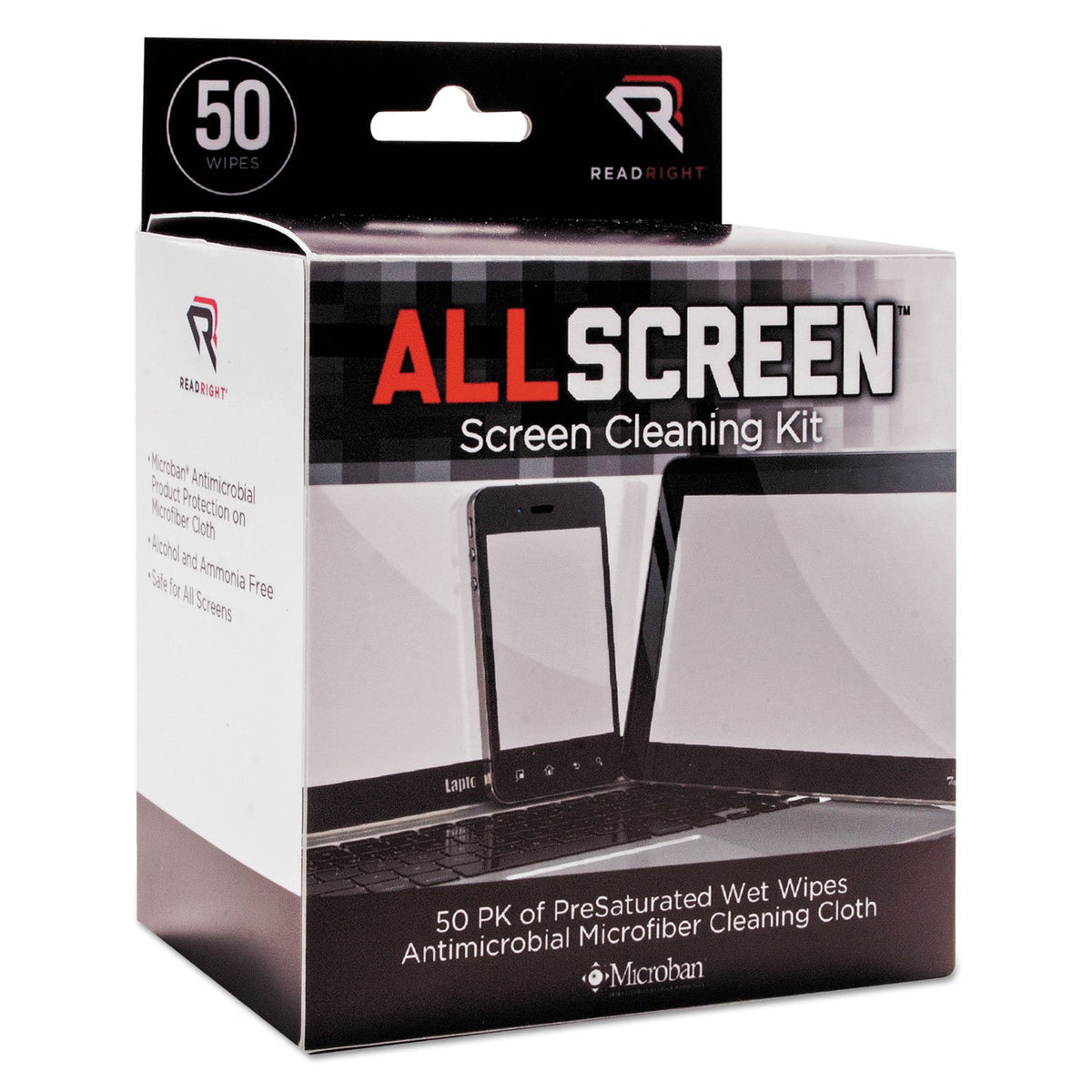 Read Right AllScreen Screen Cleaning Kit, Individually Wrapped Presaturated Wipes, 1 Microfiber Cloth, 5 x 4, Unscented, White, 50/Box