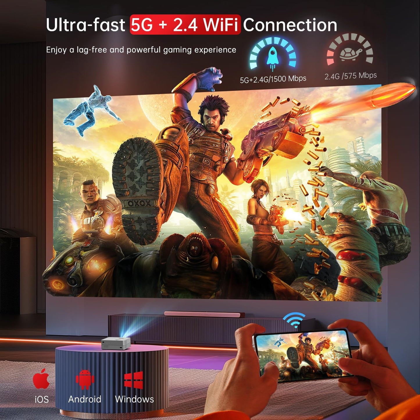 [Electric Focus] Mini Projector with WiFi and Bluetooth, Native 1080P Portable Projector Supported 4K, 15000L Outdoor Projector for Home Theater