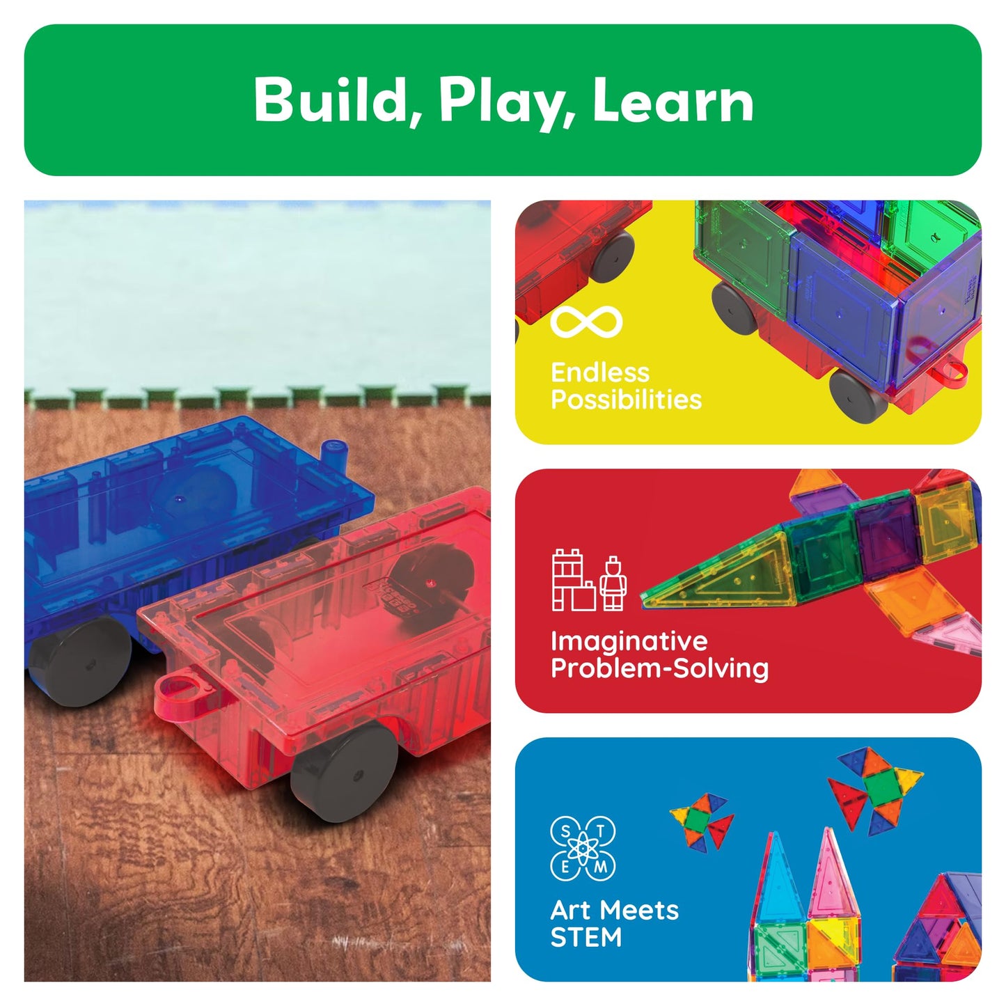 PicassoTiles 2pc Car Truck Set – Magnetic Vehicles with Reinforced Hitch & Long Bed, STEM Building Toy for Kids Ages 3+