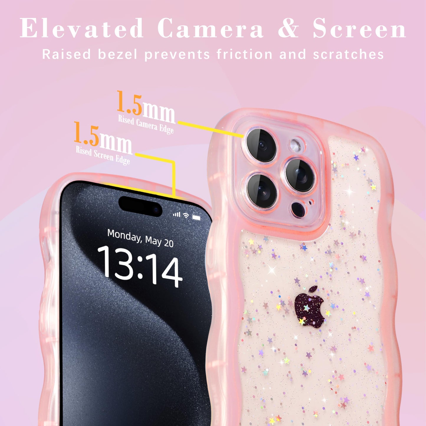 IAIYOXI Case for iPhone 14 Plus - Curly Wave Edge Design, Bling Glitter Star Shiny Case, Cute Pink Clear Full Protection Soft TPU Shockproof Cover