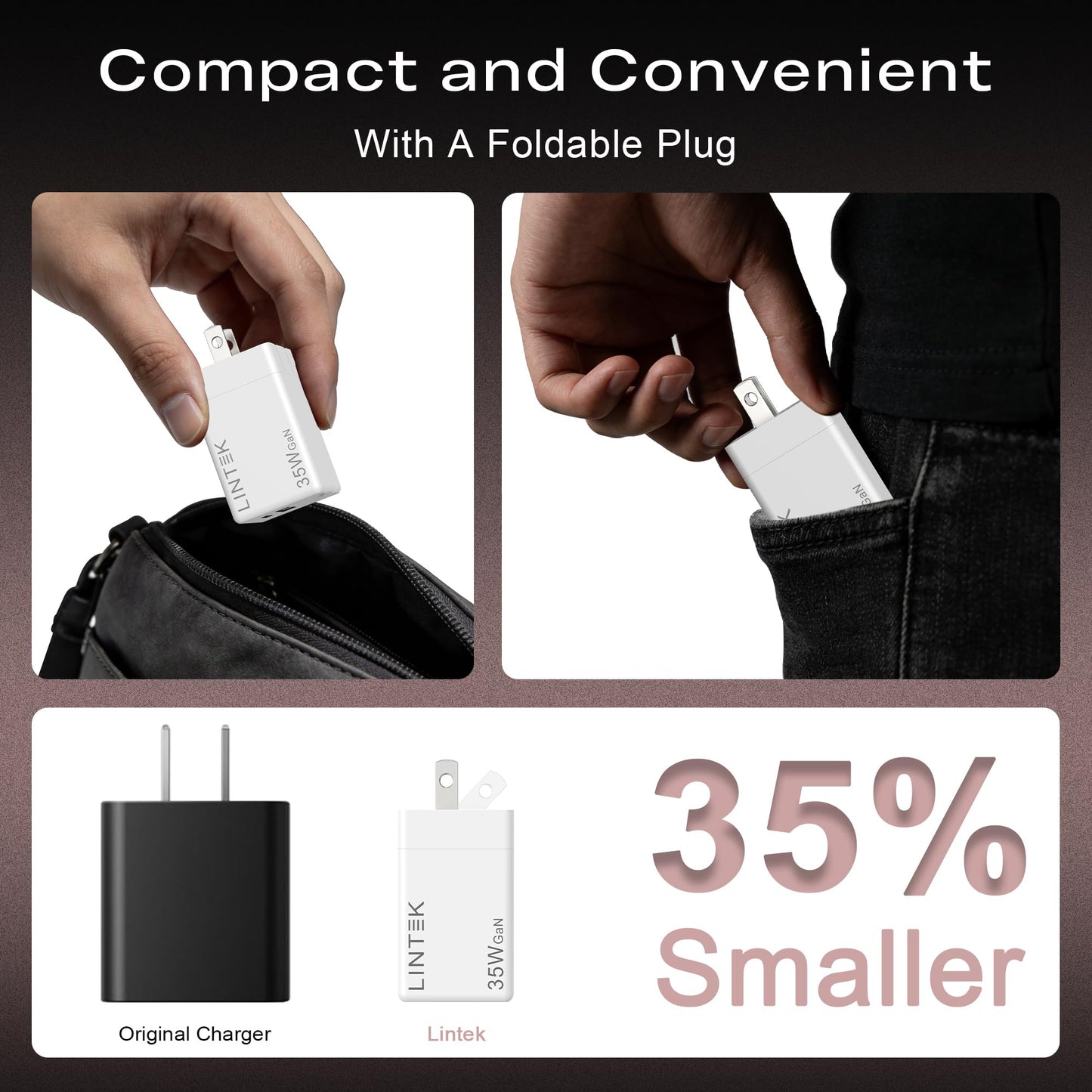 35W GaN Fast Charger Block, Foldable Dual Port USB-C & USB-A PD 3.0 Wall Adapter, Compact Travel Charger for iPhone 17/17 Pro/17 Pro Max/17 Ultra