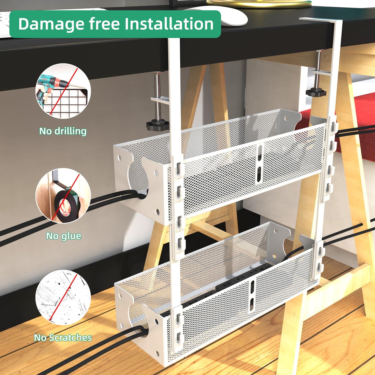 Multi-Model Under Desk Cable Management Tray 2 Packs Metal Under Desk Wire Management Clamp Mount Under Table Cord Management No Damage The Desk