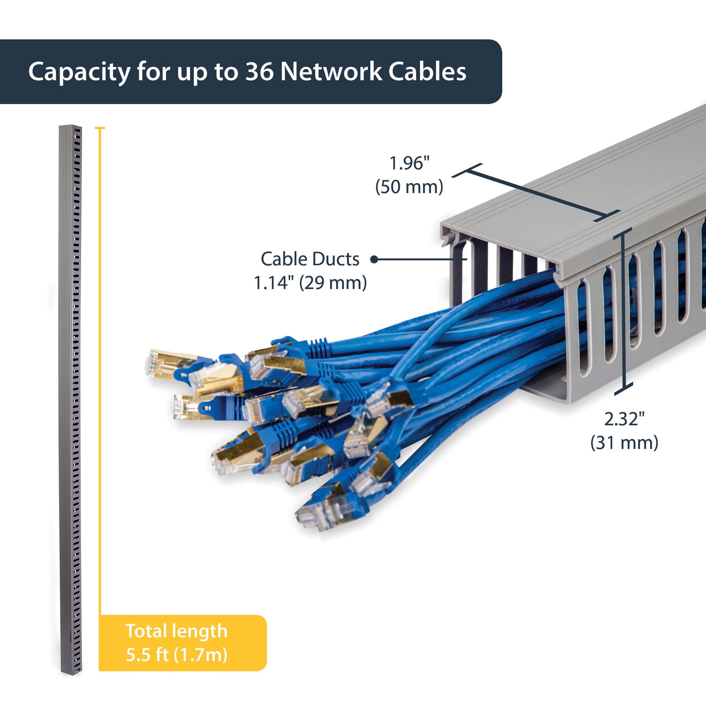 StarTech.com 2x2in Open Slot Wiring Cable Raceway Duct with Cover, Server Rack Cable Management, Cable Cover Duct, Cord Hider / Organizer, PVC Cable