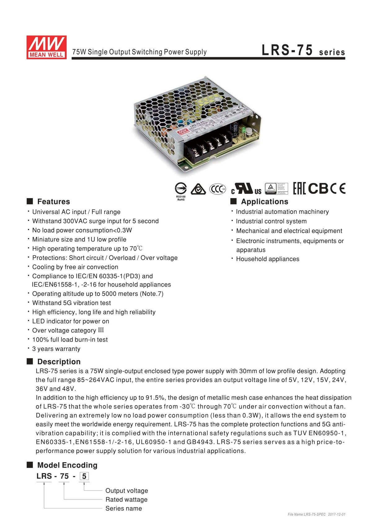 [Enclosed Type/LRS-75 Series/Industrial Application] MEAN WELL LRS-75-48 (76.8W 48V 1.6A) Single Output Switching Power Supply