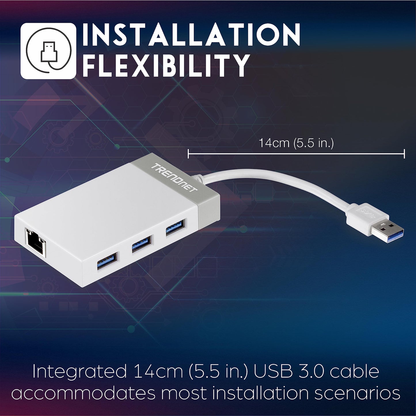 TRENDnet 3-Port USB 3.0 Hub, TU3-ETGH3,Compact USB to Ethernet Adapter