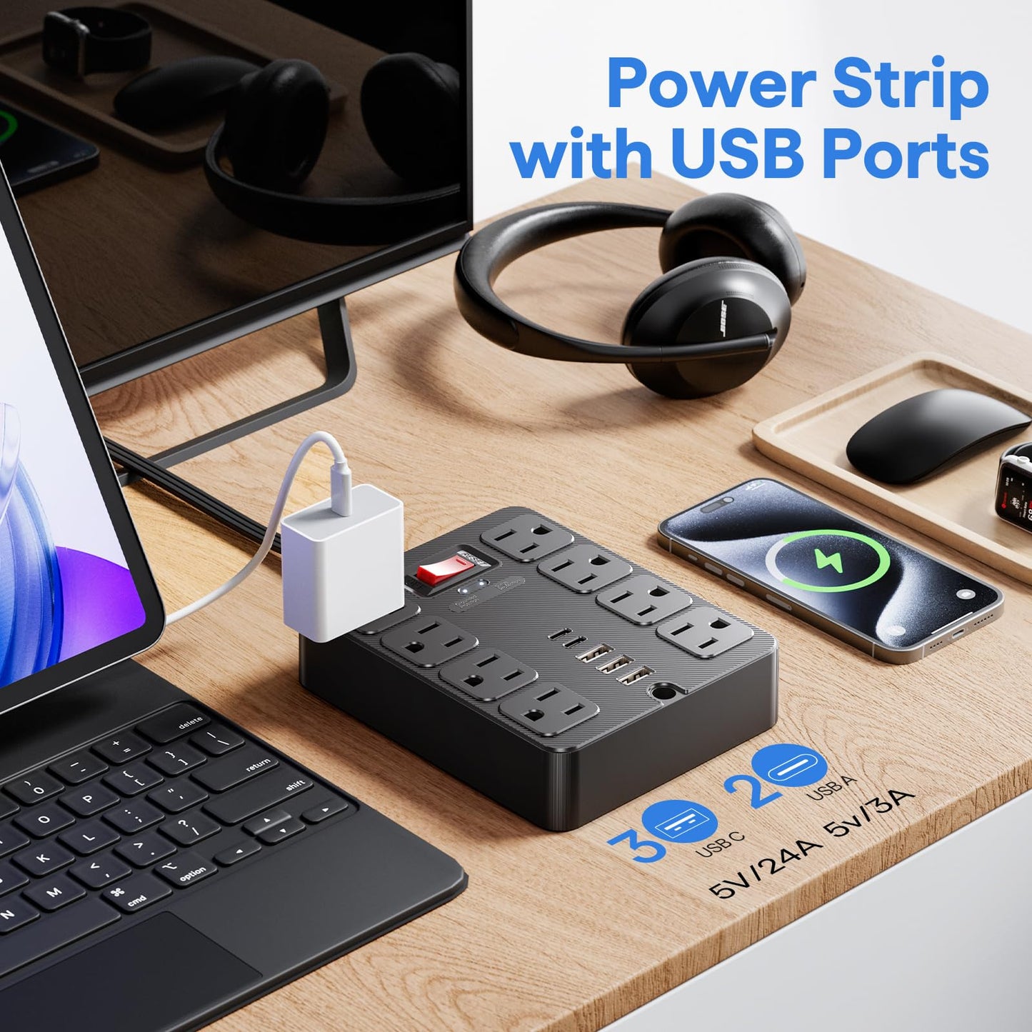 13 in 1 Surge Protector Power Strip Flat Plug 8 Widely AC Outlet 3 USB Ports,1250W/10A?5 ft Extension Cord with Multiple Outlets, Desk Extender