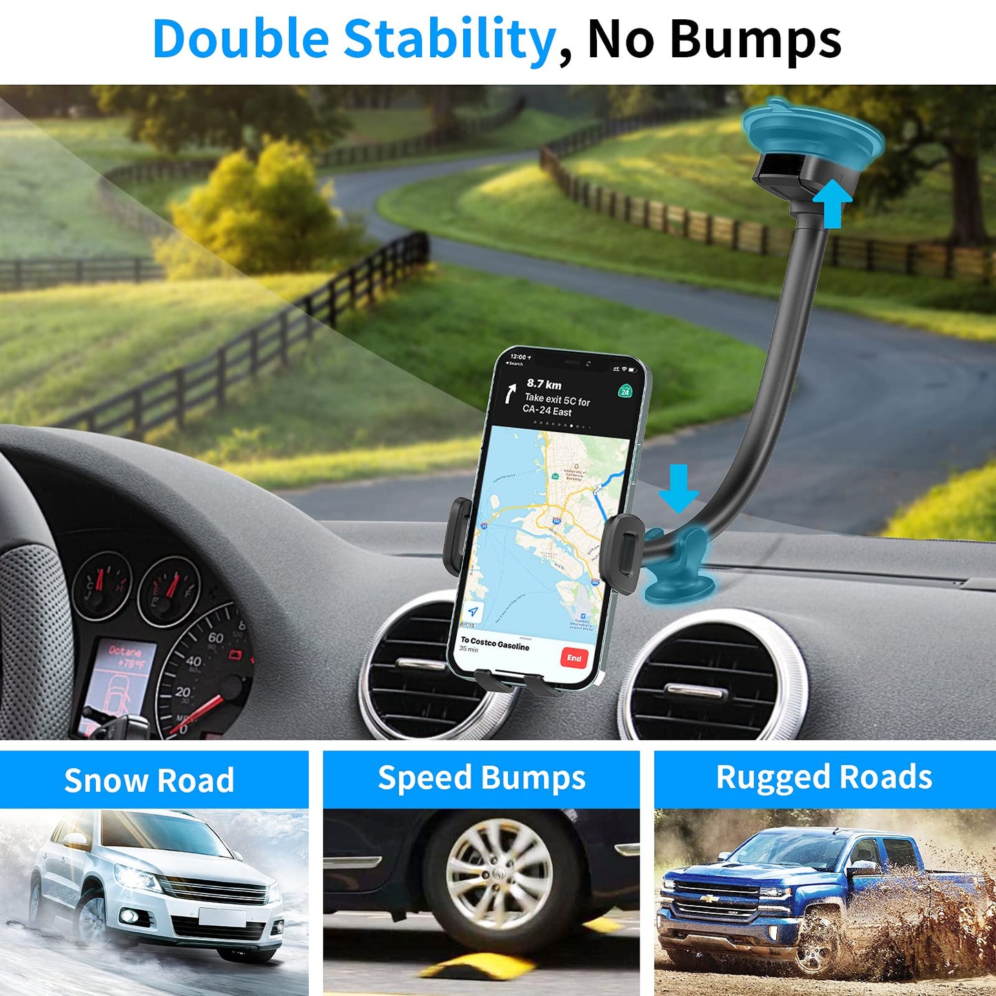 APPS2Car 14'' Gooseneck Car Phone Holder,Heavy Duty Phone Holder for Truck, [Flexibile Long Arm] [Anti Shake stabilizer] Windshield Car Phone Mount