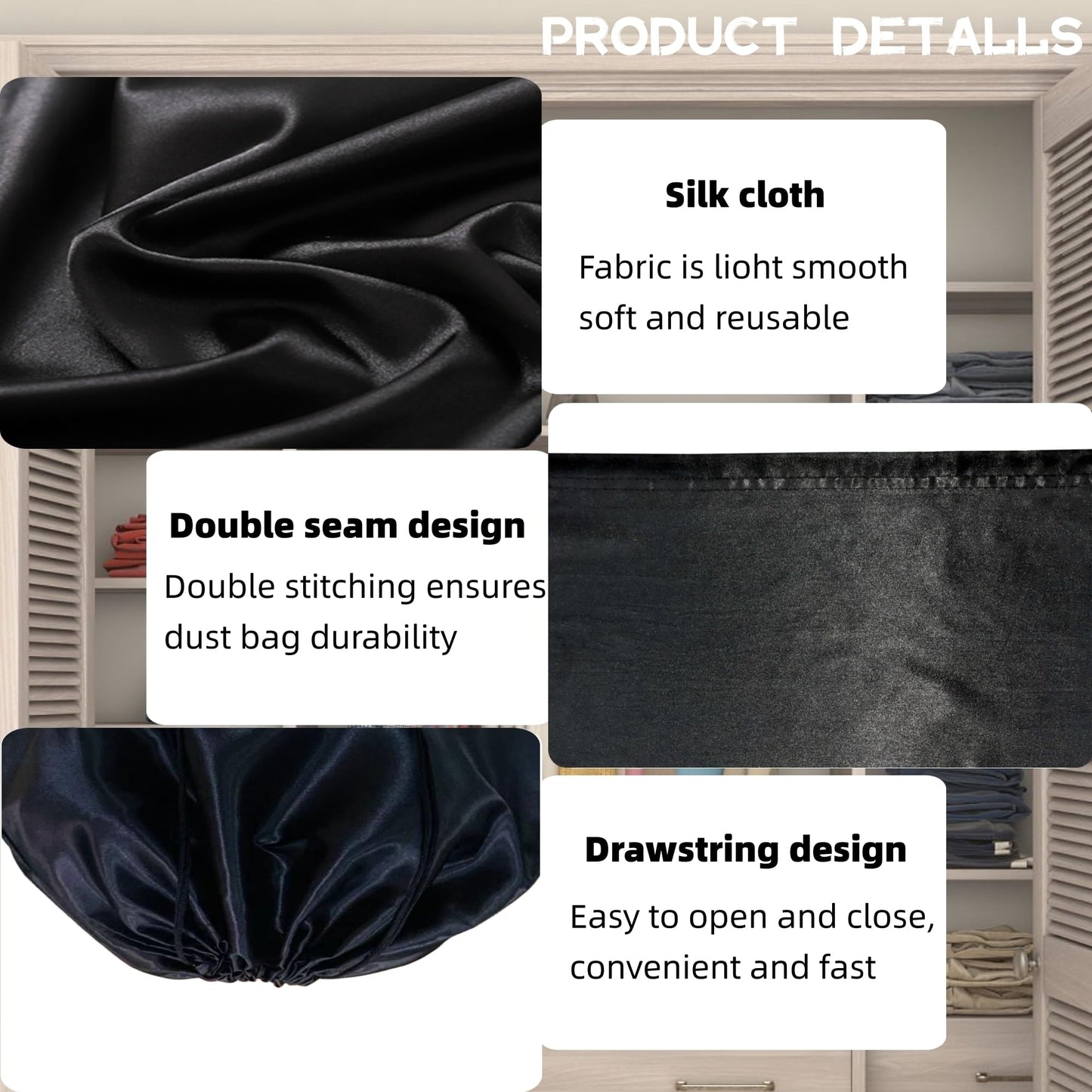 3-Pack Silk Purse Dust Bags for Handbags, Purses, Shoes & Boots – Drawstring Storage Covers