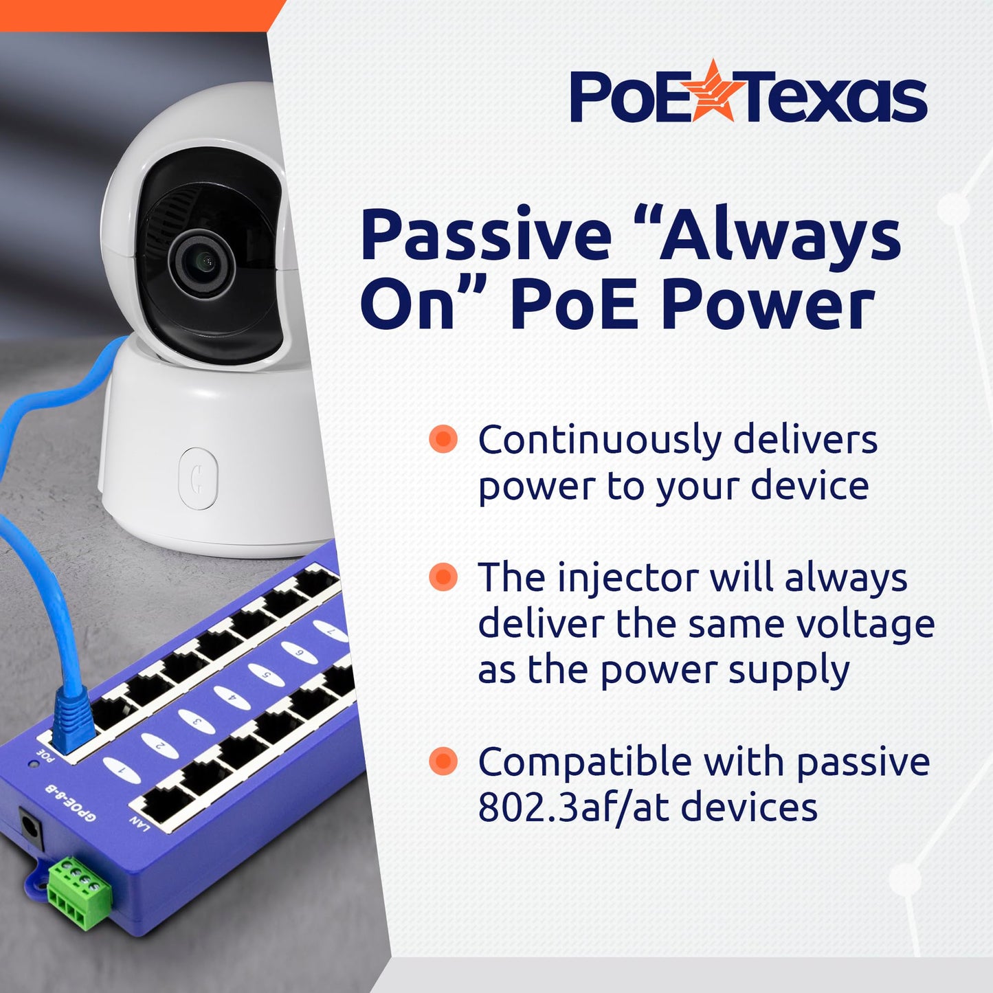 PoE Texas GPOE-8B - 8 Port Gigabit Passive Mode B Power Over Ethernet Injector for Ubiquiti, Mikrotik & More - Add PoE to Non-PoE Switch - 24v, 48v or