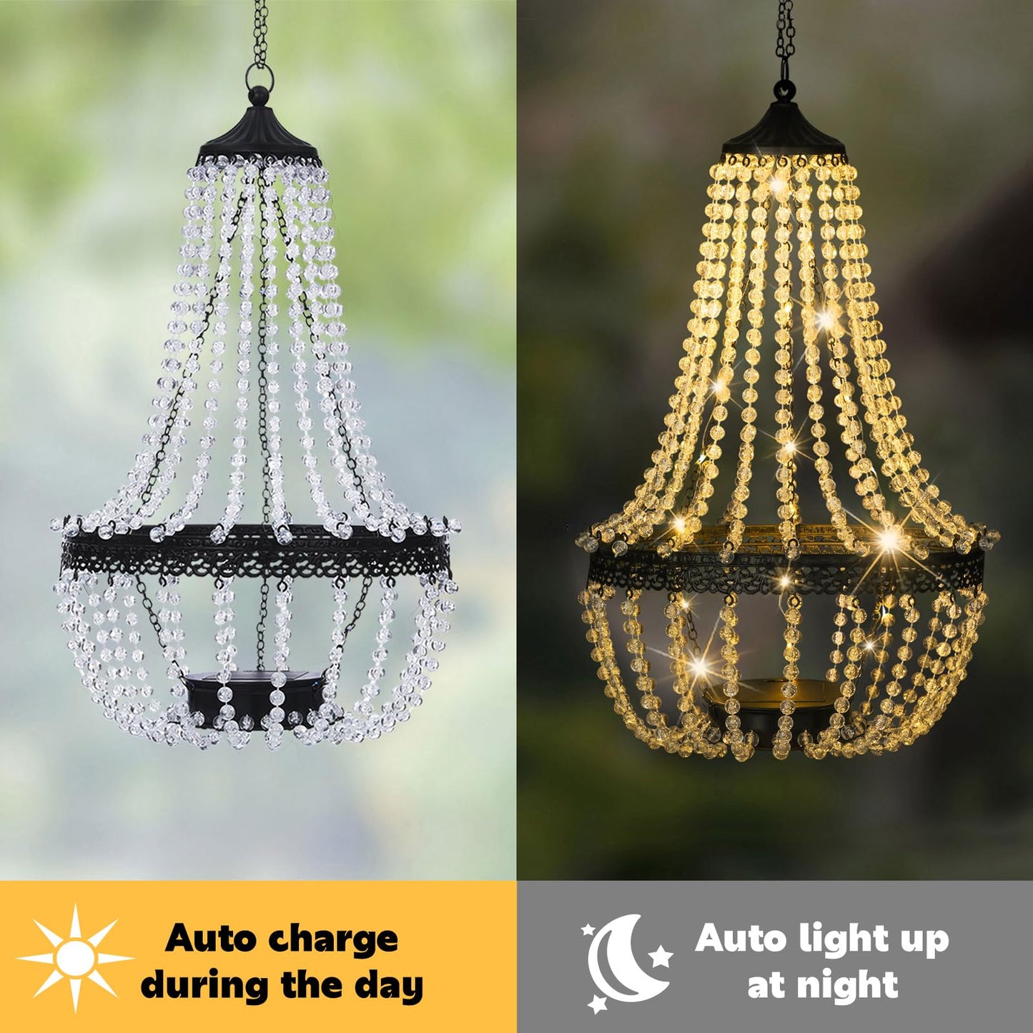 Hanging Solar Lantern Outdoor, 28” Modern Clear Crystal Acrylic Chandelier with 30 Warm White Lights S Hook for Garden, Yard, Patio, Gazebo