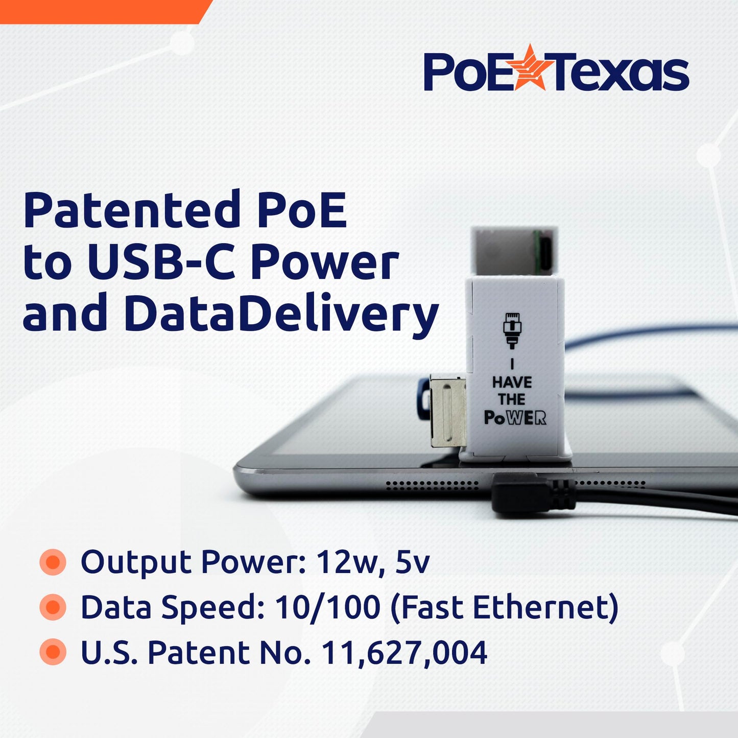 PoE Texas in-Wall PoE to USB-C Power & Data Adapter, 12W