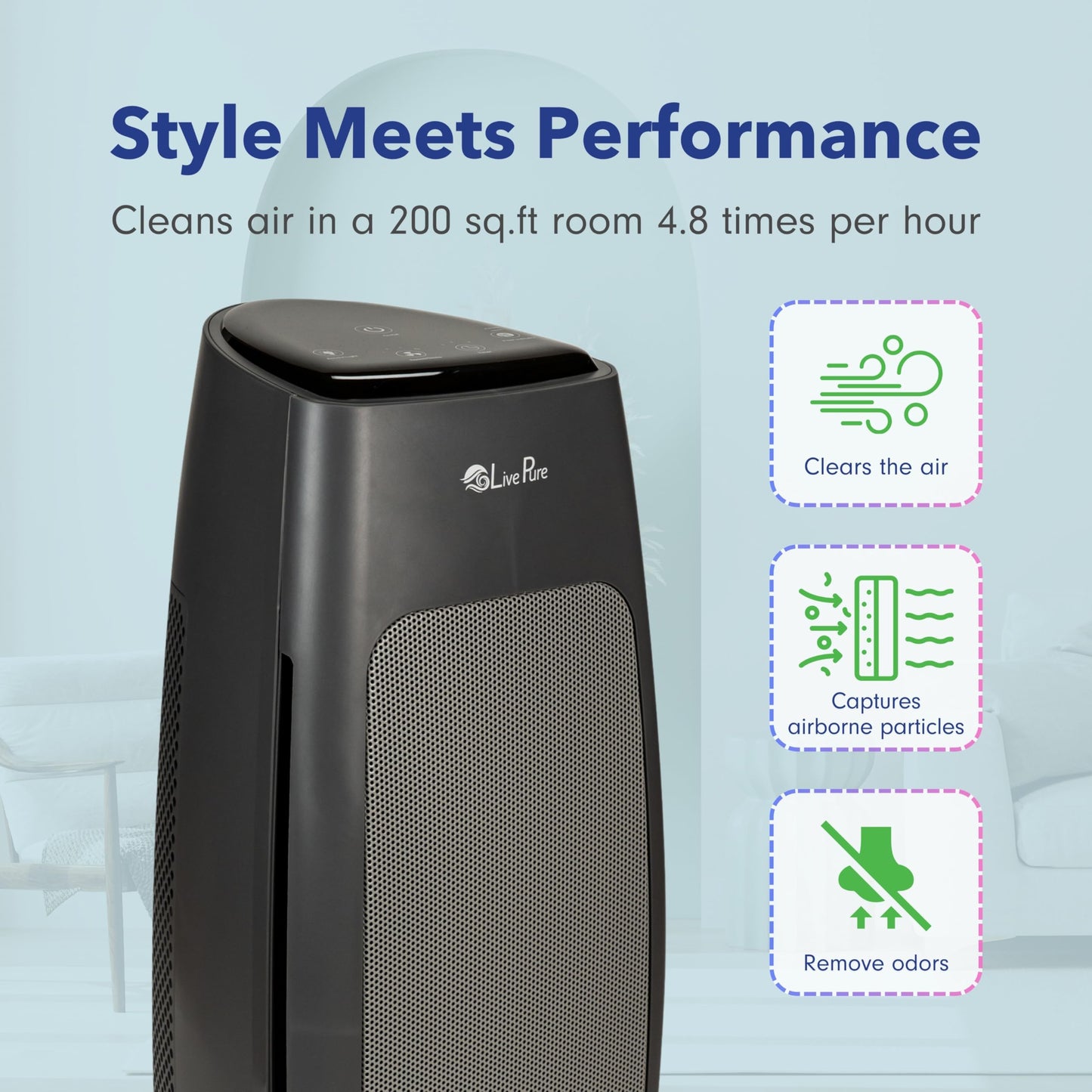 LivePure LP270TH Sierra Series True HEPA Tall Tower Air Purifier, Air Purifiers for Home, Odors, Allergens, Smoke, Dust, VOC's. HEPA Air Purifiers