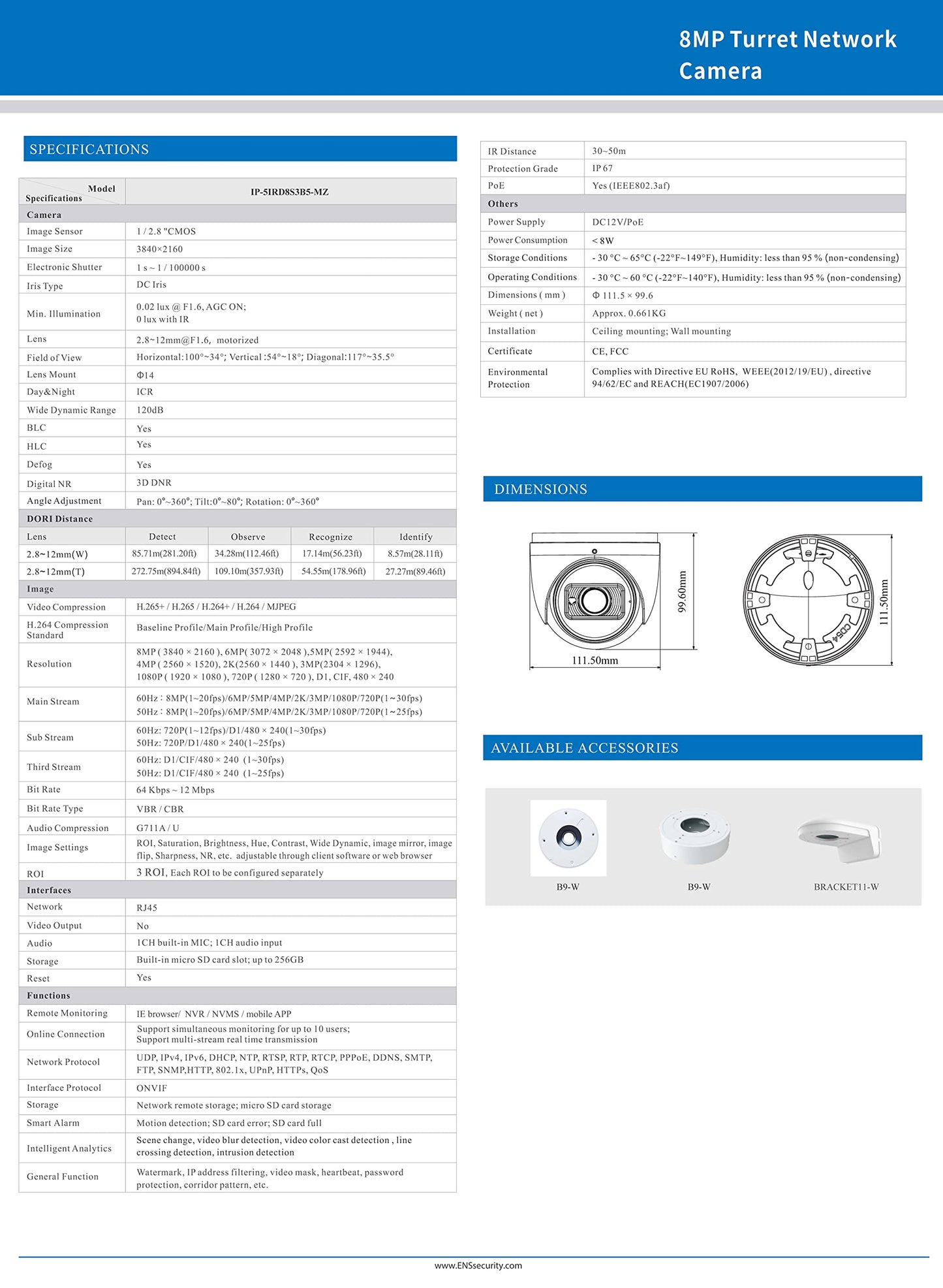 Titanium IP-5IRD8S3B5-MZ 8MP HD Vari-Focal Turret Network Camera, 8MP @20FPS 2.8-12mm Motorized Lens WDR VCA Built-in Microphone SD Slot NDAA