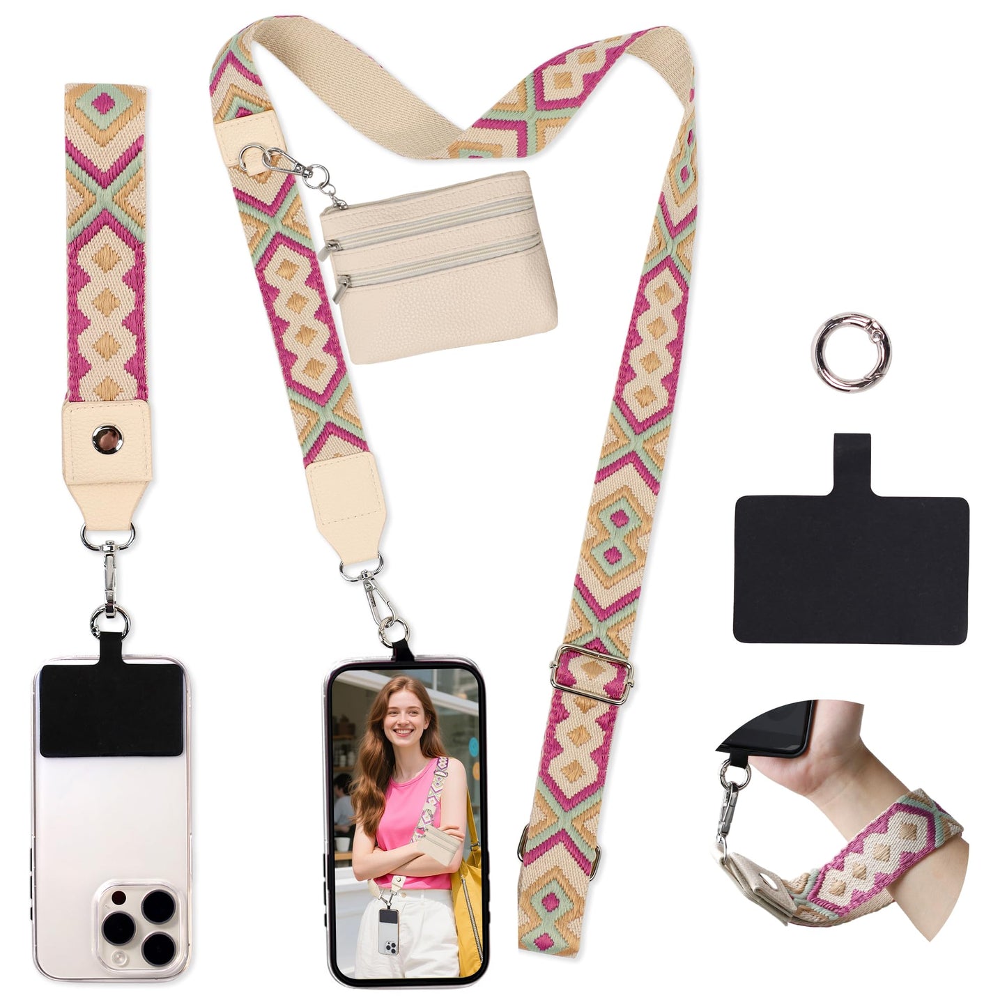 FUVLIFE Phone Lanyard Crossbody Wrist Strap, Adjustable Clip and Go Strap for Phone with Wallet Crossbody, Phone Strap with Zippered Pouch, Universal